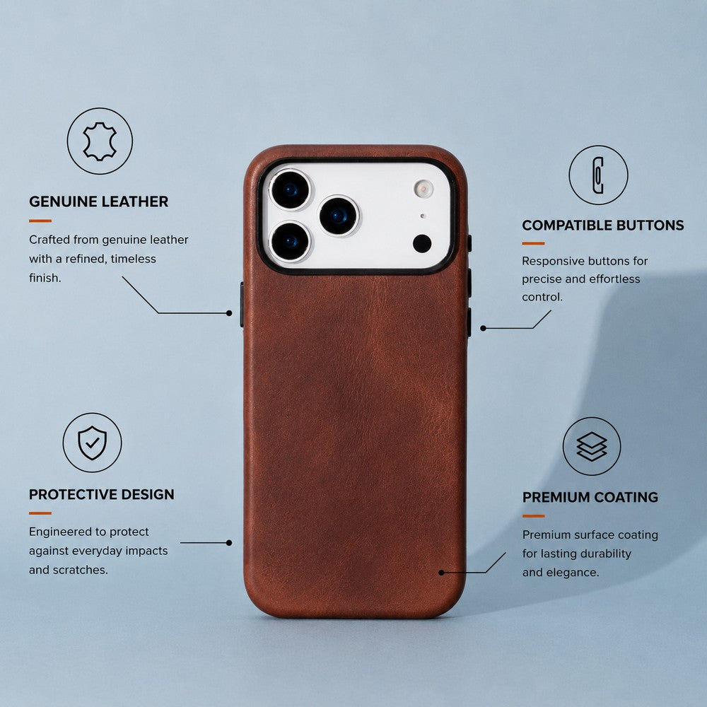 Prestige iPhone 17 Pro Full Grain Hakiki Deri Kılıf, MagSafe Uyumlu, Premium Koruma, El Yapımı