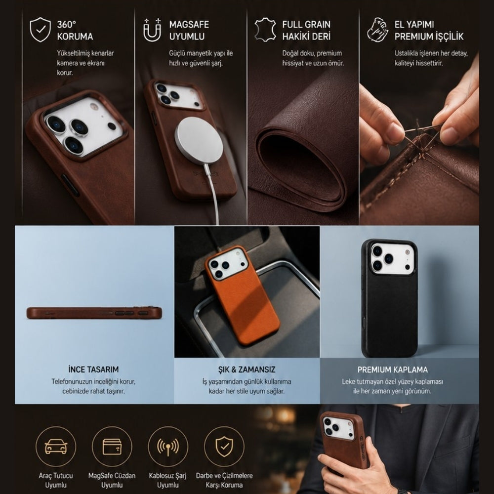 Prestige iPhone 17 Pro Max Full Grain Hakiki Deri Kılıf, MagSafe Uyumlu, Premium Koruma, El Yapımı