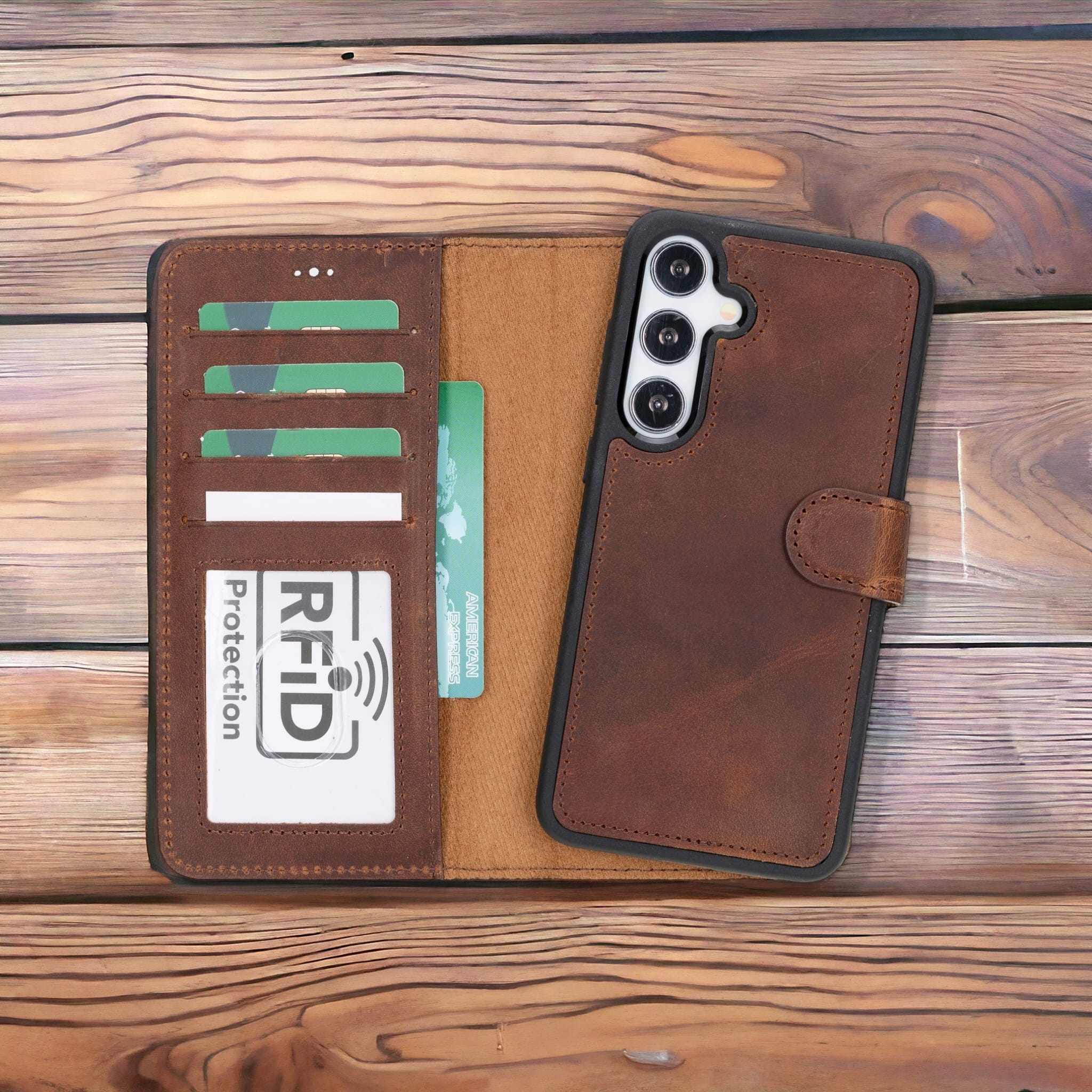 Samsung Galaxy S24 uyumlu, Hakiki Deri, El Yapımı, Cüzdanlı Kılıf, Antik Kahve