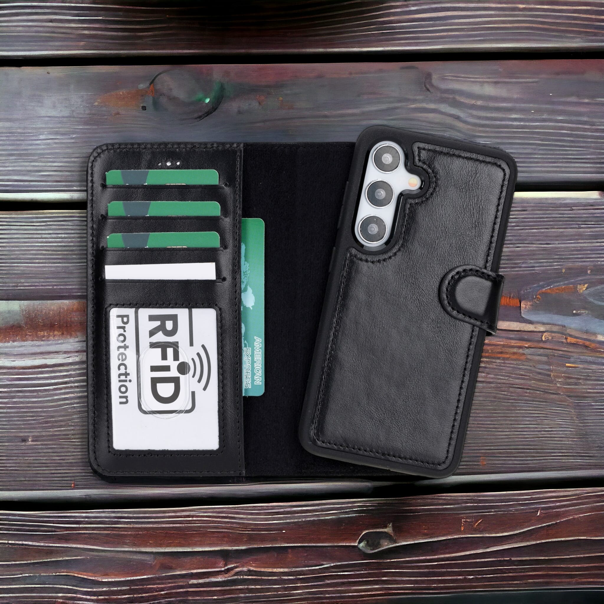 Samsung Galaxy S24 Plus uyumlu, Hakiki Deri, El Yapımı, Cüzdanlı Kılıf, Rustik Siyah