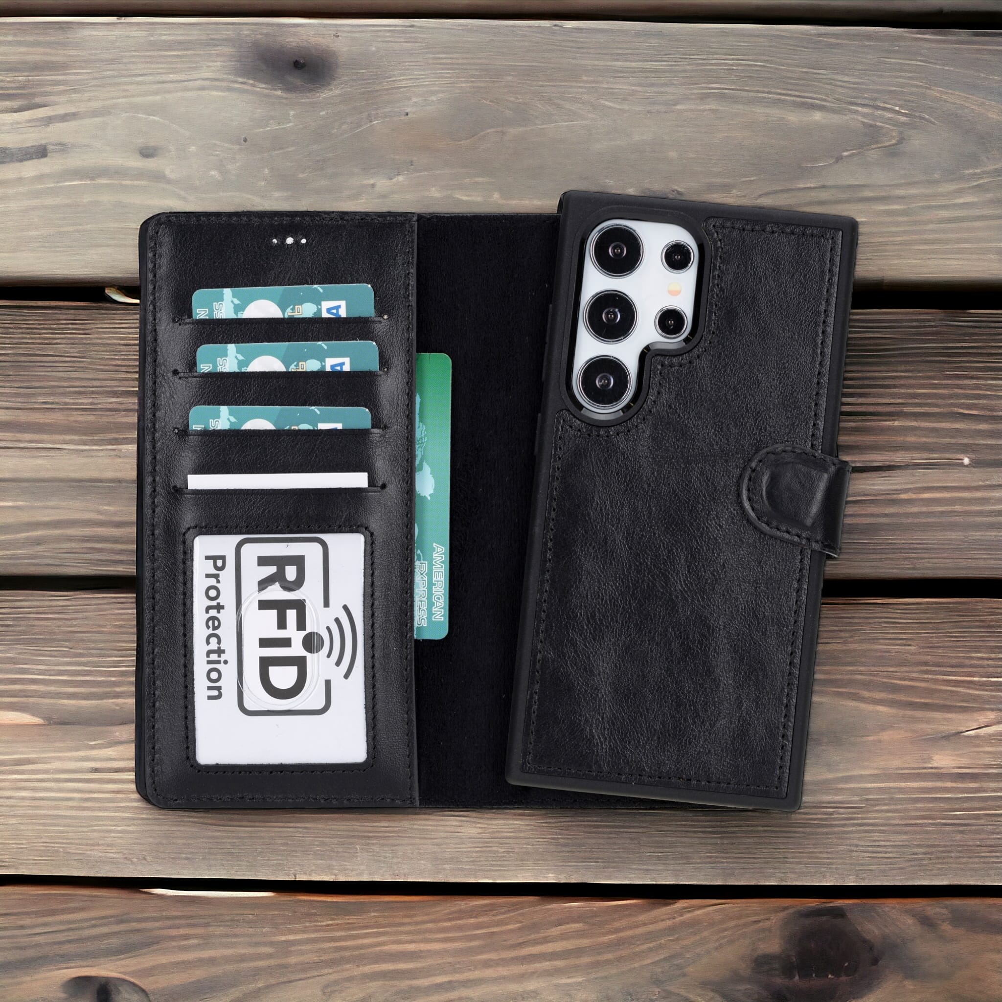 Samsung Galaxy S24 Ultra uyumlu, Hakiki Deri, El Yapımı, Cüzdanlı Kılıf, Rustik Siyah