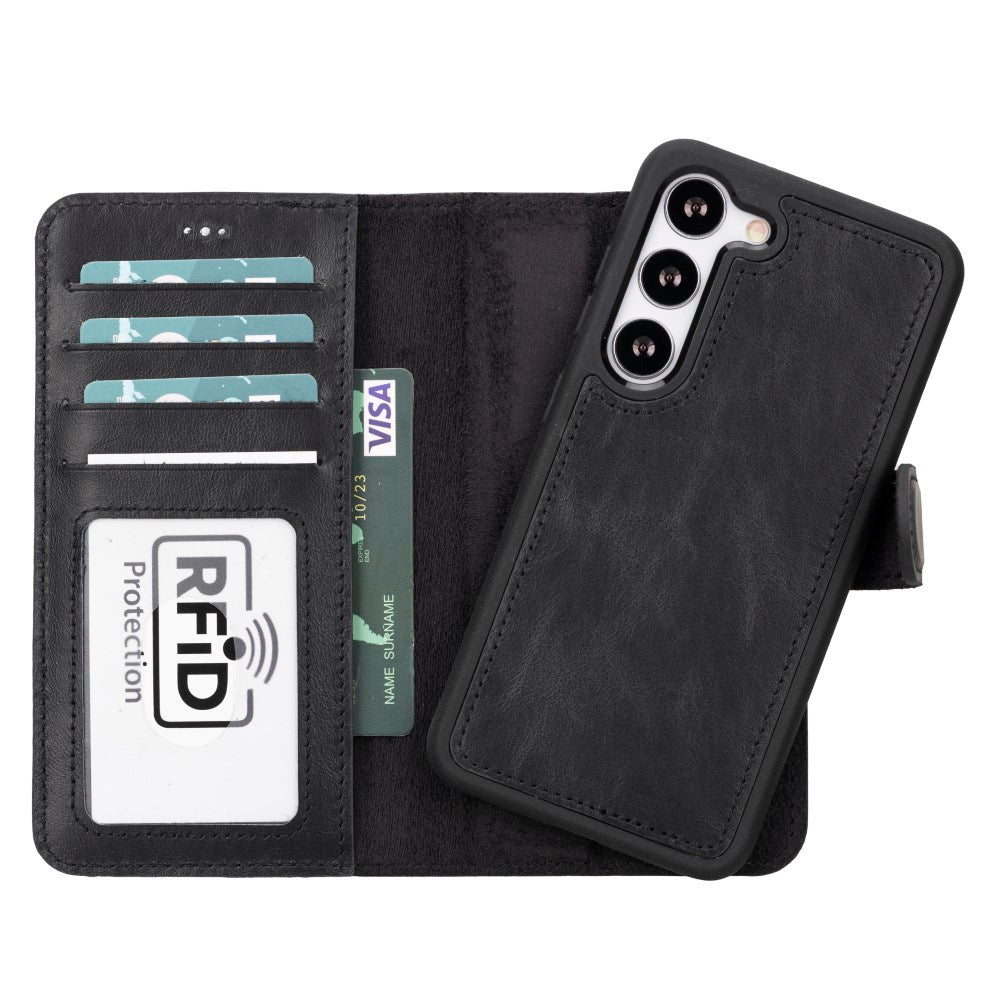 Samsung Galaxy S23 uyumlu, Hakiki Deri, El Yapımı, Cüzdanlı Kılıf, Rustik Siyah