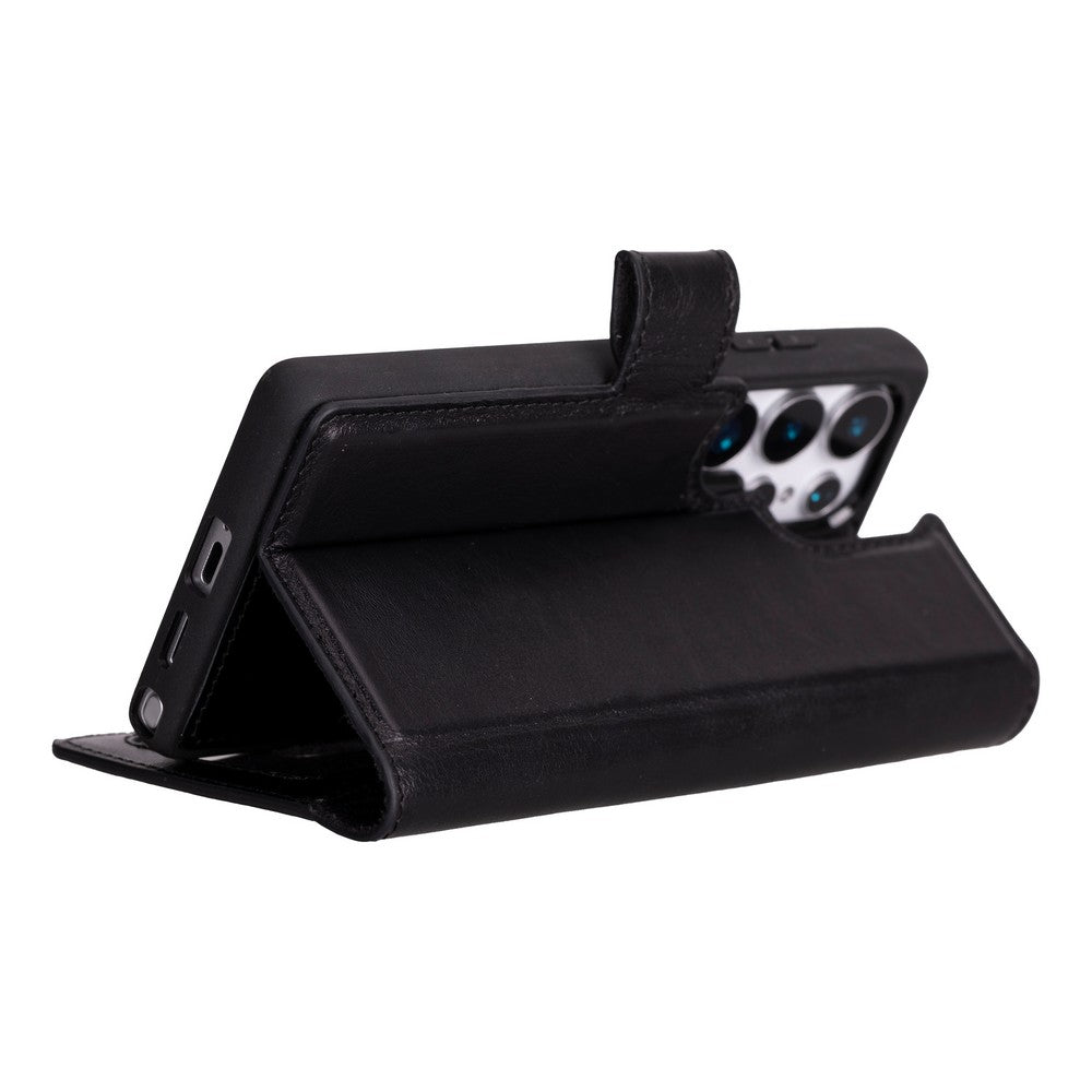 Samsung Galaxy S25 Ultra uyumlu, Hakiki Deri, El Yapımı, Cüzdanlı Kılıf, Parlak Siyah