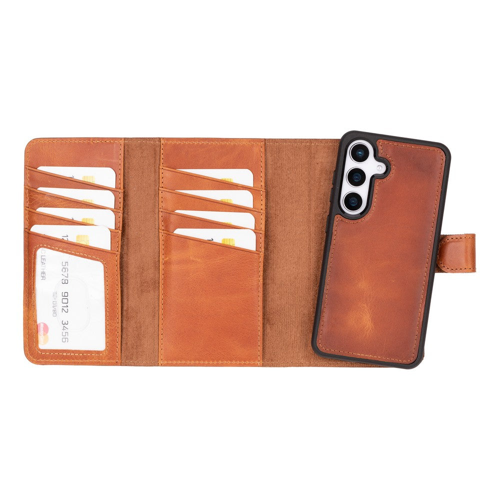 Samsung Galaxy S25 uyumlu, Hakiki Deri, El Yapımı, Cüzdanlı Kılıf, Gölgeli Kahve