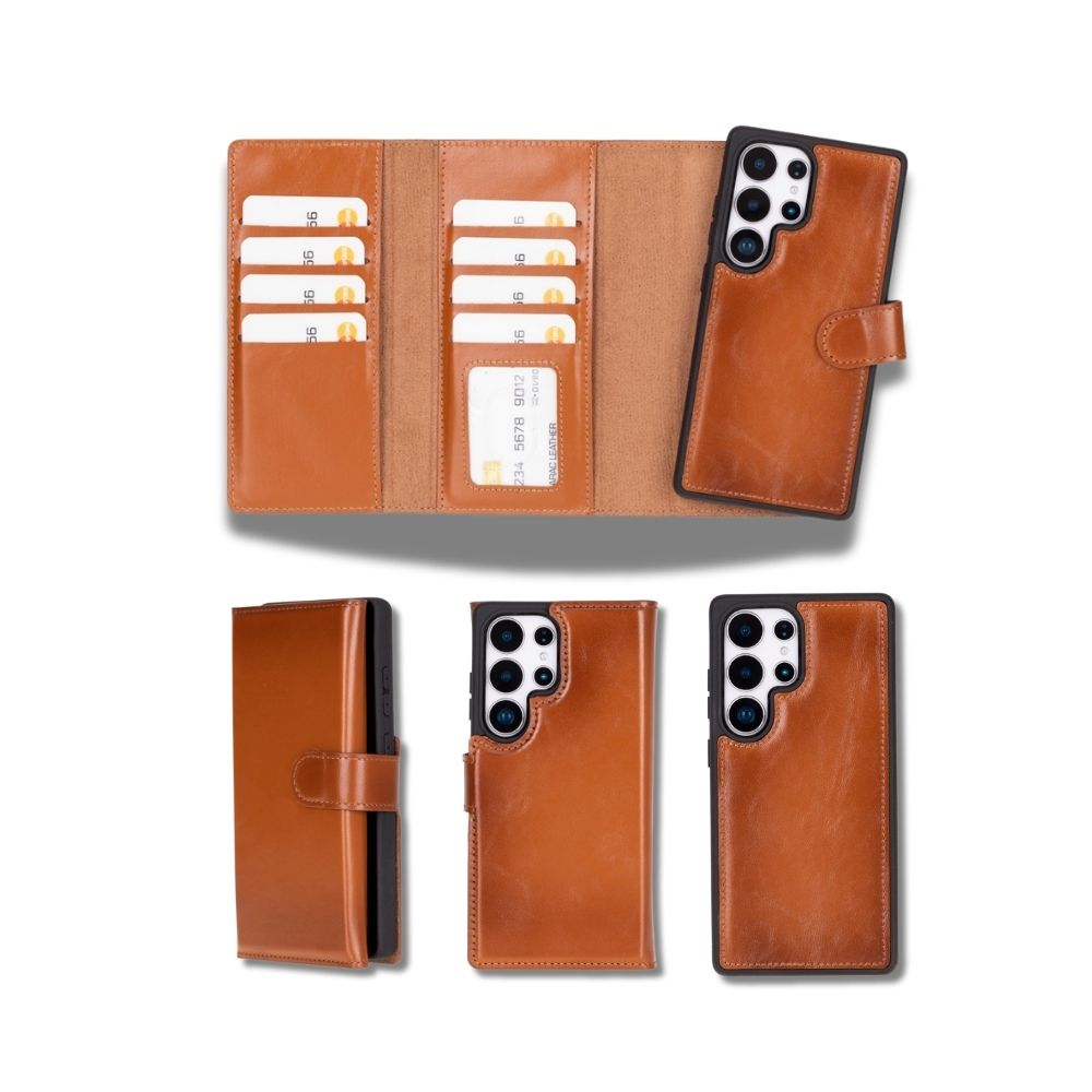 Samsung Galaxy S25 Ultra uyumlu, Hakiki Deri, El Yapımı, Cüzdanlı Kılıf, Gölgeli Taba