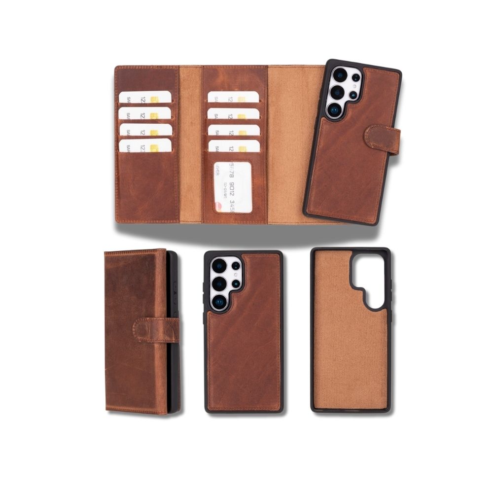 Samsung Galaxy S25 Ultra uyumlu, Hakiki Deri, El Yapımı, Cüzdanlı Kılıf, Antik Kahve