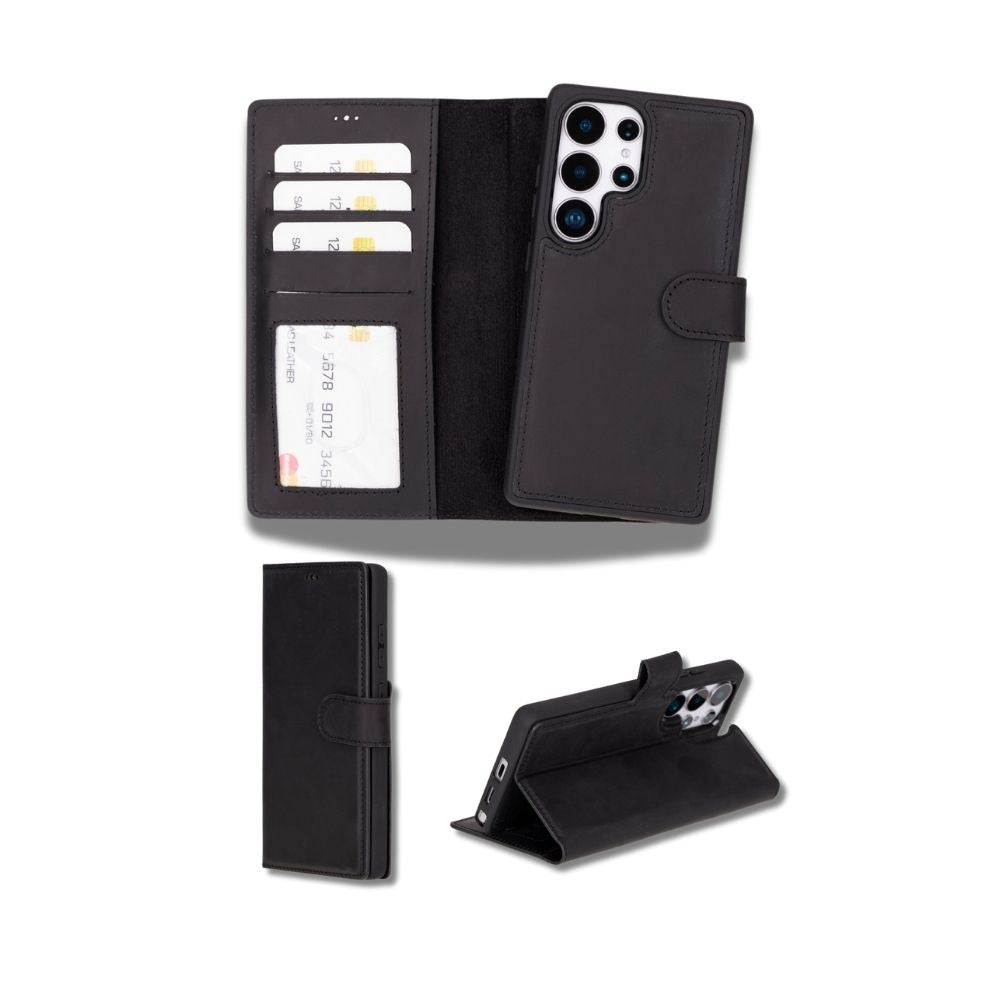 Samsung Galaxy S25 Ultra uyumlu, Hakiki Deri, El Yapımı, Cüzdanlı Kılıf, Mat Siyah