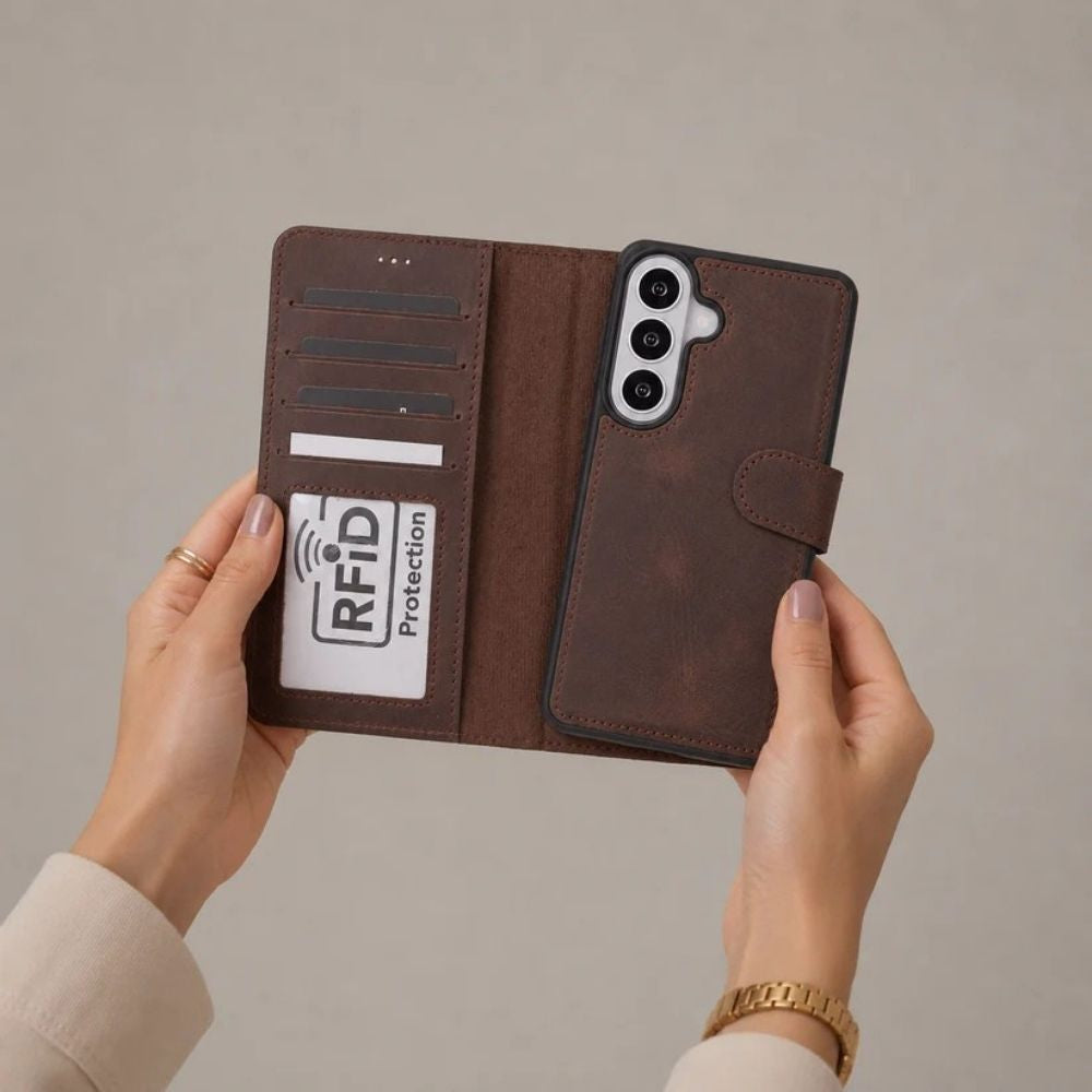 Samsung Galaxy S26 Uyumlu Manyetik Hakiki Deri Cüzdan Kılıf ,Cüzdan Taşımaya Son, Kredi Kart Yuvalı, RFID Güvenlik