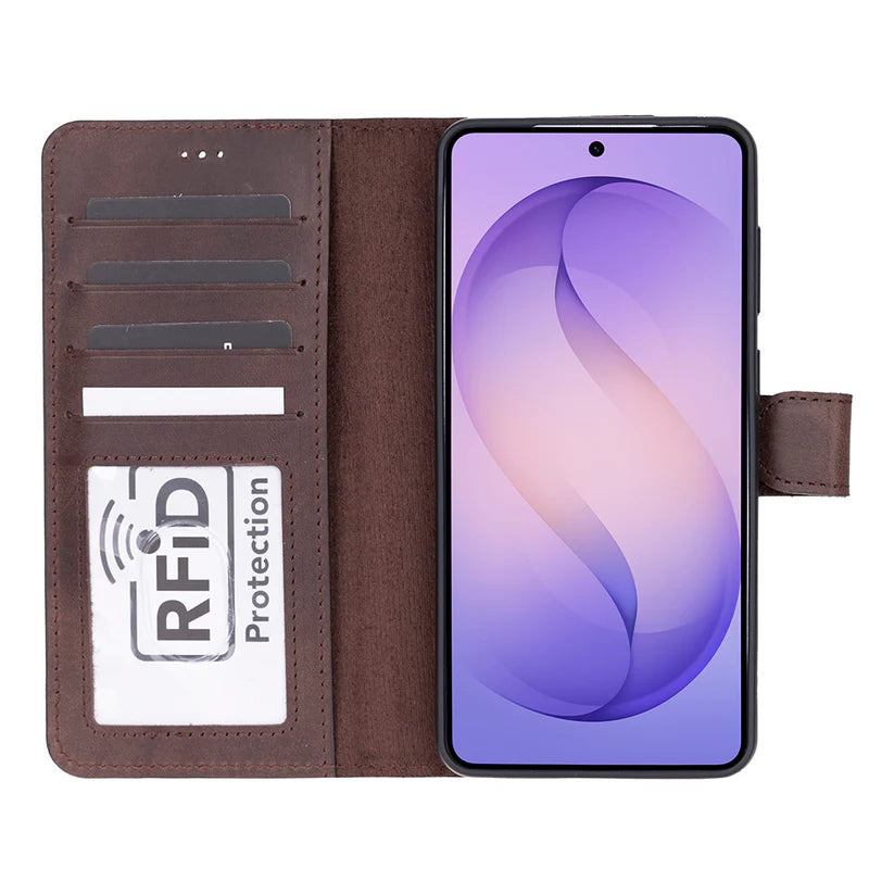 Samsung Galaxy S26 Uyumlu Manyetik Hakiki Deri Cüzdan Kılıf ,Cüzdan Taşımaya Son, Kredi Kart Yuvalı, RFID Güvenlik