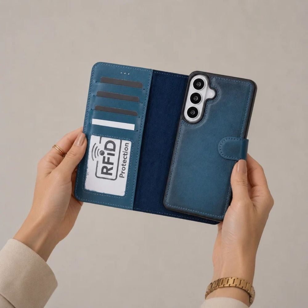Samsung Galaxy S26 Uyumlu Manyetik Hakiki Deri Cüzdan Kılıf ,Cüzdan Taşımaya Son, Kredi Kart Yuvalı, RFID Güvenlik
