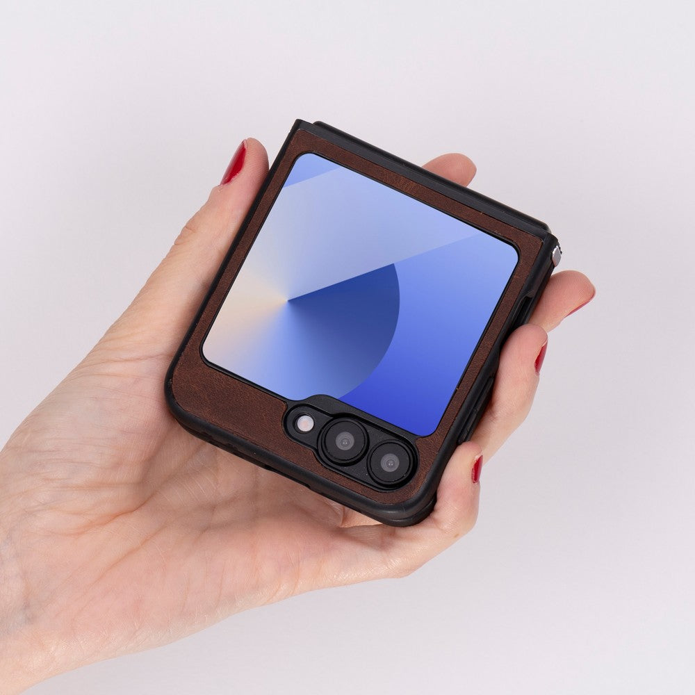 Samsung Galaxy Z Flip6 uyumlu, Hakiki Deri, El Yapımı, Arka Kapak, Antik Kahve