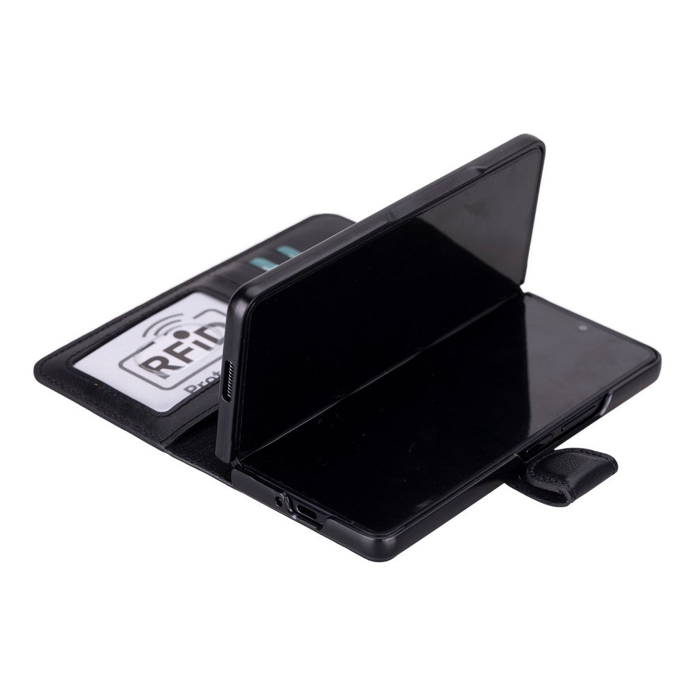 Samsung Galaxy Z Fold5 uyumlu, Hakiki Deri, El Yapımı, Cüzdanlı Kılıf, Rustik Siyah