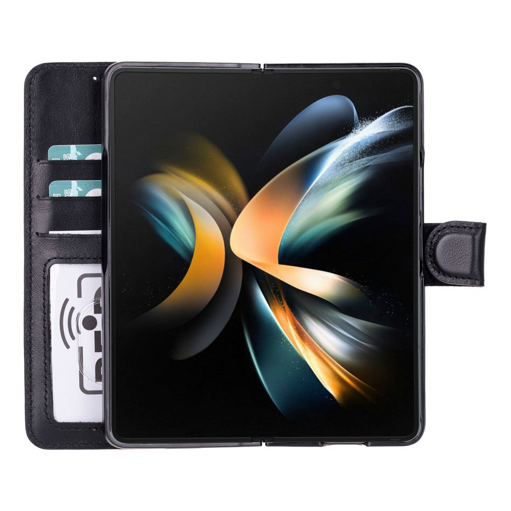 Samsung Galaxy Z Fold5 uyumlu, Hakiki Deri, El Yapımı, Cüzdanlı Kılıf, Rustik Siyah