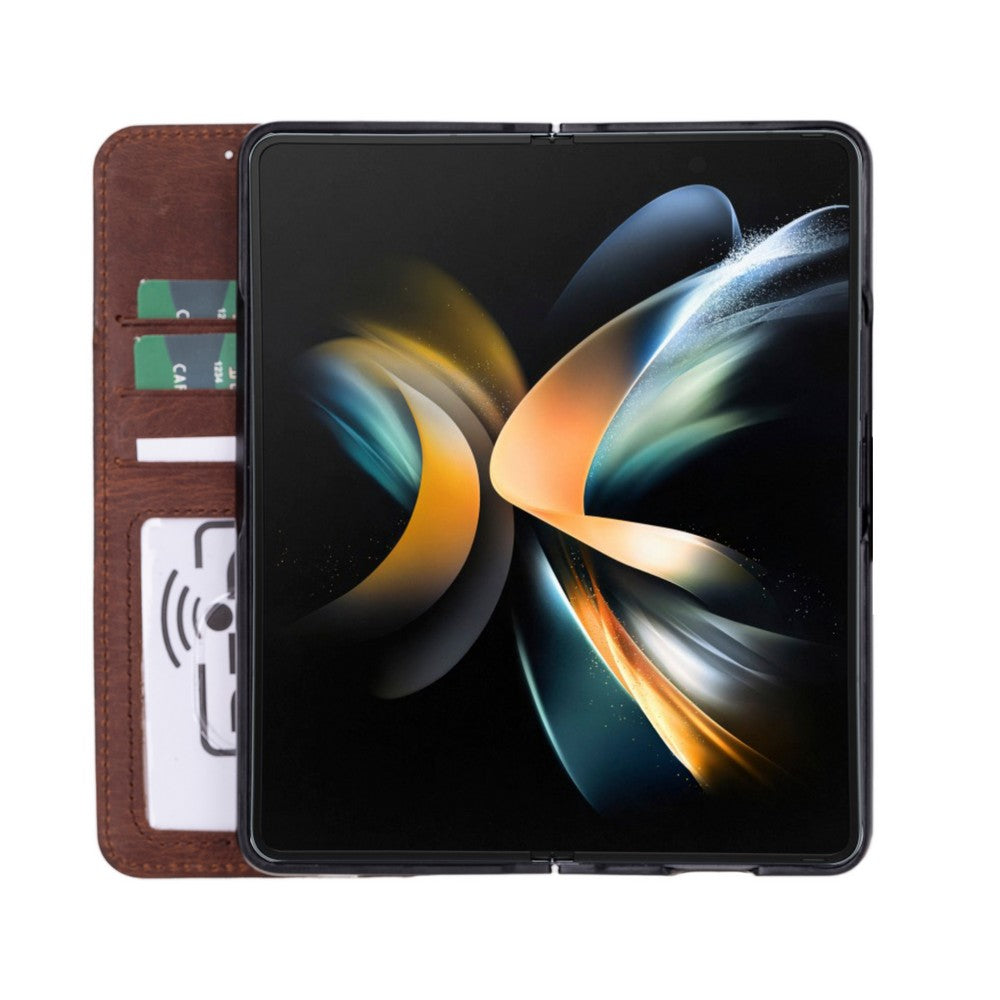 Samsung Galaxy Z Fold5 uyumlu, Hakiki Deri, El Yapımı, Cüzdanlı Kılıf, Antik Kahve