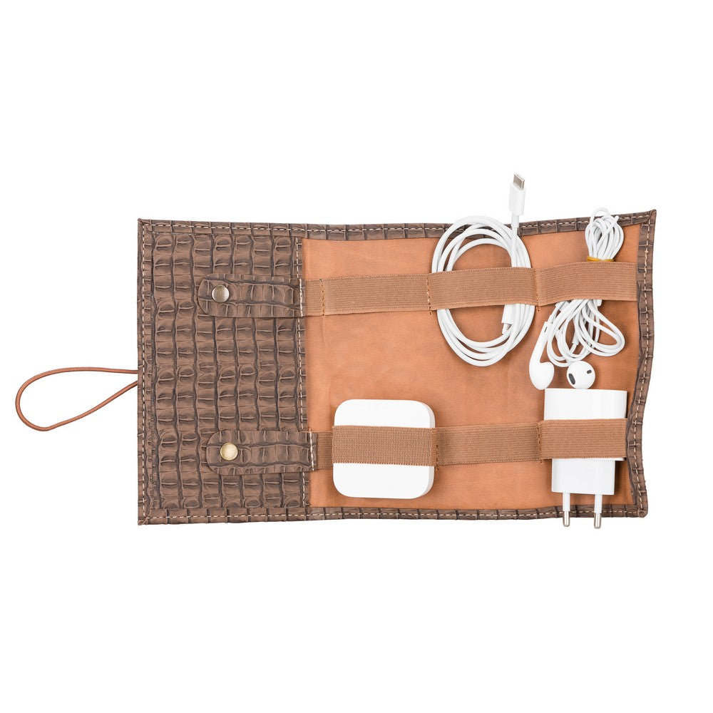 Suni Hakiki Deri, El Yapımı, Kablo ve Aksesuar Taşıma Çantası, Croco Kahverengi