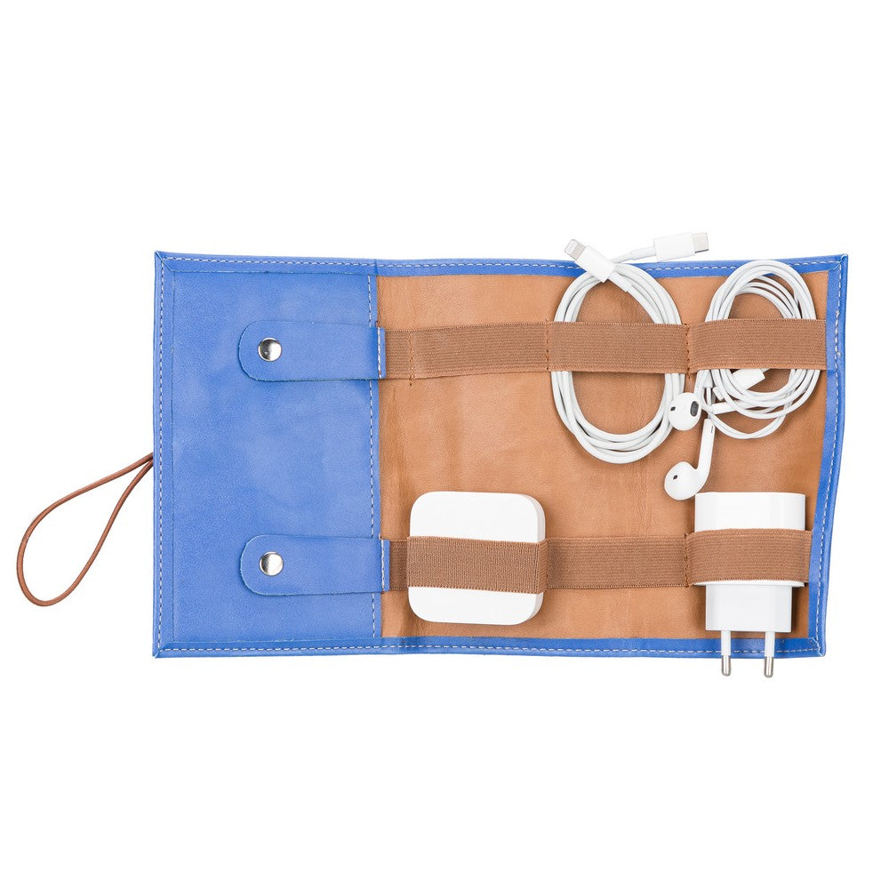 Suni Deri, El Yapımı, Kablo ve Aksesuar Taşıma Çantası, Saks Mavi