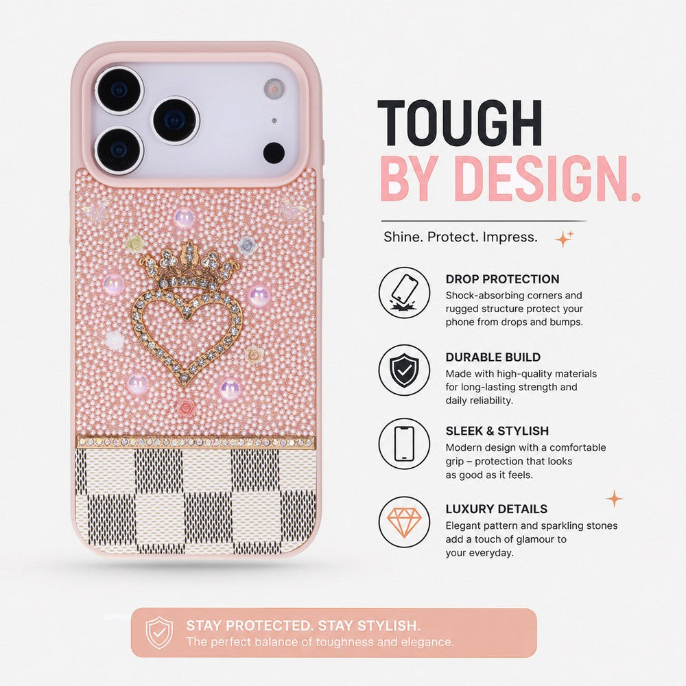 Vissel iPhone 17 Pro Max Uyumlu Taşlı Kalp Detaylı Kılıf – Parlak Taşlı, Darbe Emici Koruma, Şık & Trend Telefon Kılıfı, Pembe