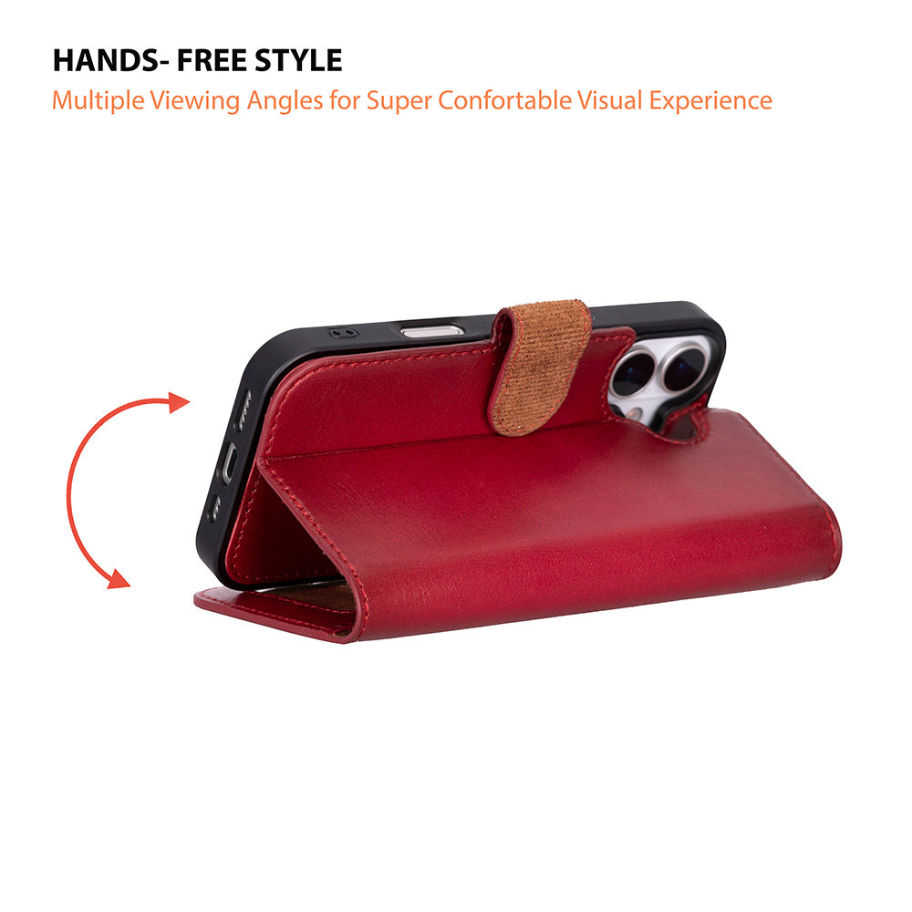 Apple iPhone 17 için, Hakiki Deri, El Yapımı Cüzdanlı Kılıf, Magsafe ile uyumlu, İç Yüzeyi Kadife, Kırmızı