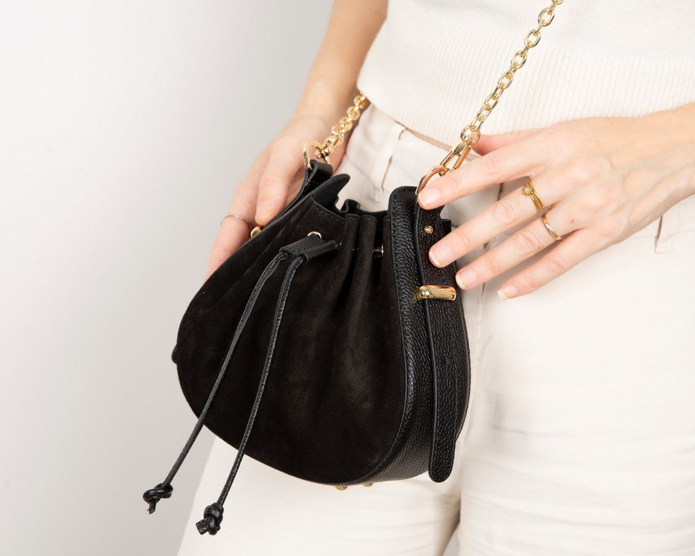 Valentina Süet Deri Kadın Omuz Çantası Siyah