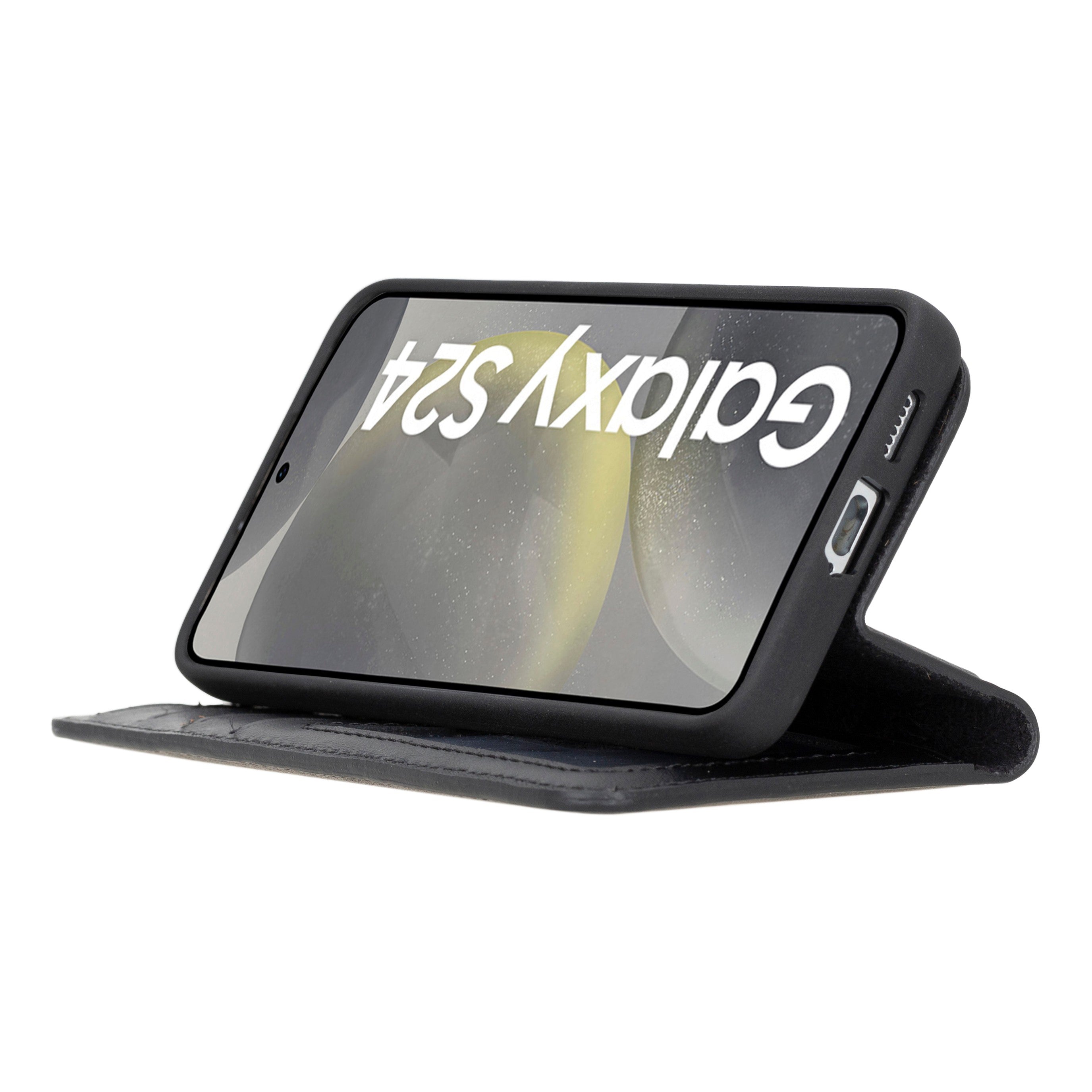 Samsung Galaxy S24 Plus uyumlu, Hakiki Deri, El Yapımı, Cüzdanlı Kılıf, Rustik Siyah