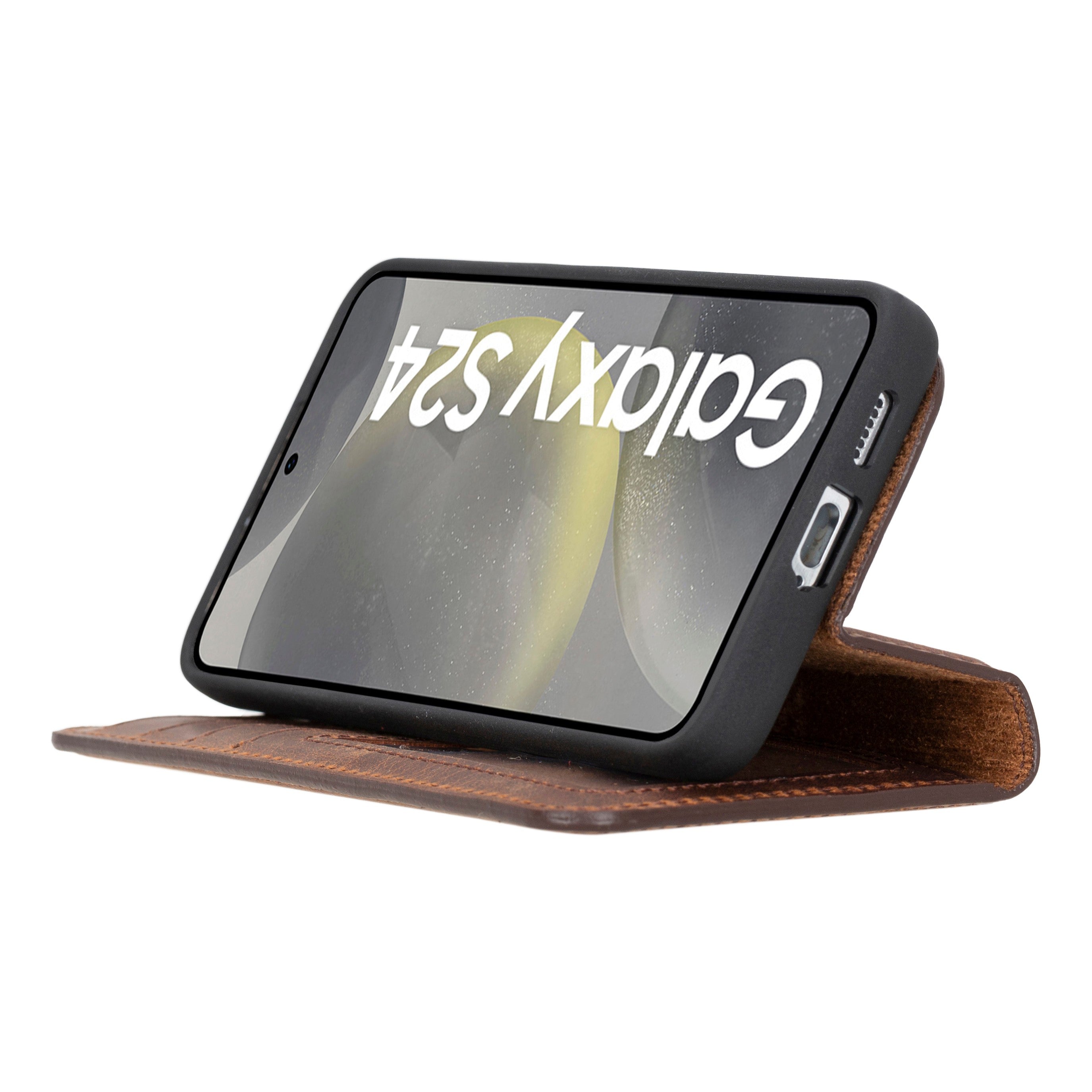 Samsung Galaxy S24 uyumlu, Hakiki Deri, El Yapımı, Cüzdanlı Kılıf, Antik Kahve