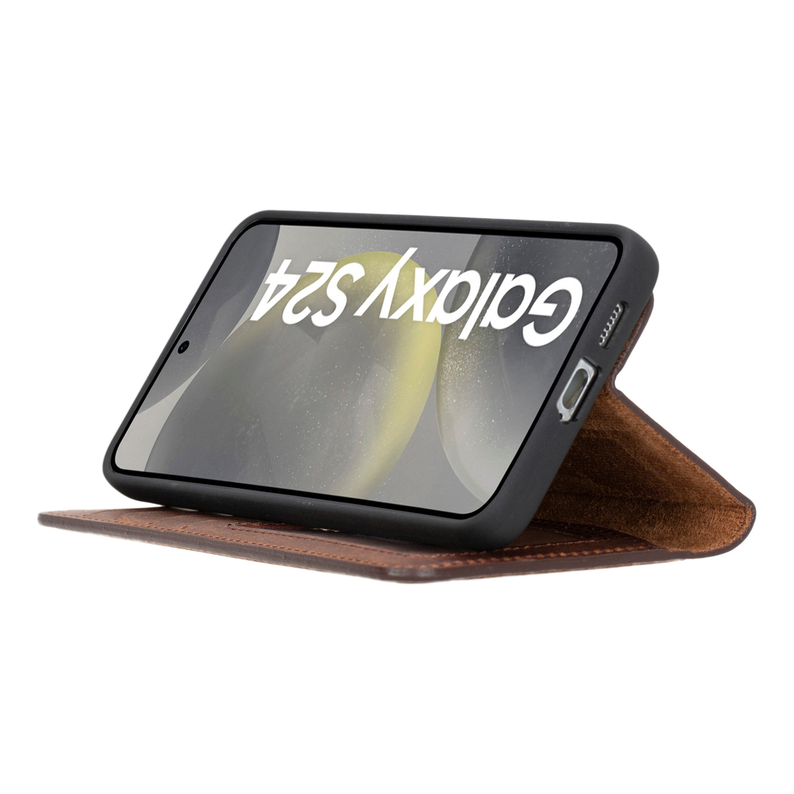 Samsung Galaxy S24 Plus uyumlu, Hakiki Deri, El Yapımı, Cüzdanlı Kılıf, Antik Kahve