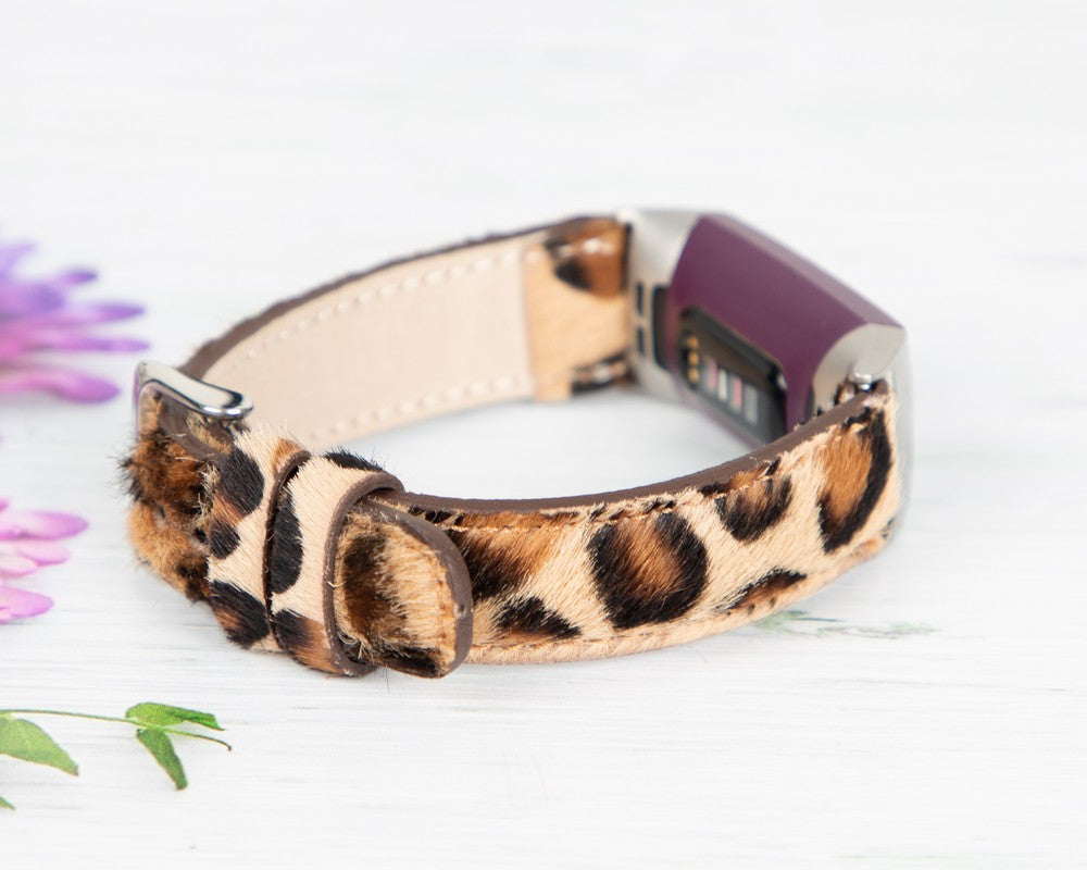 Fitbit Inspire, Inspire 2, Inspire 3 Serileri İle uyumlu, Deri Saat Kordonu, Leopar Baskılı