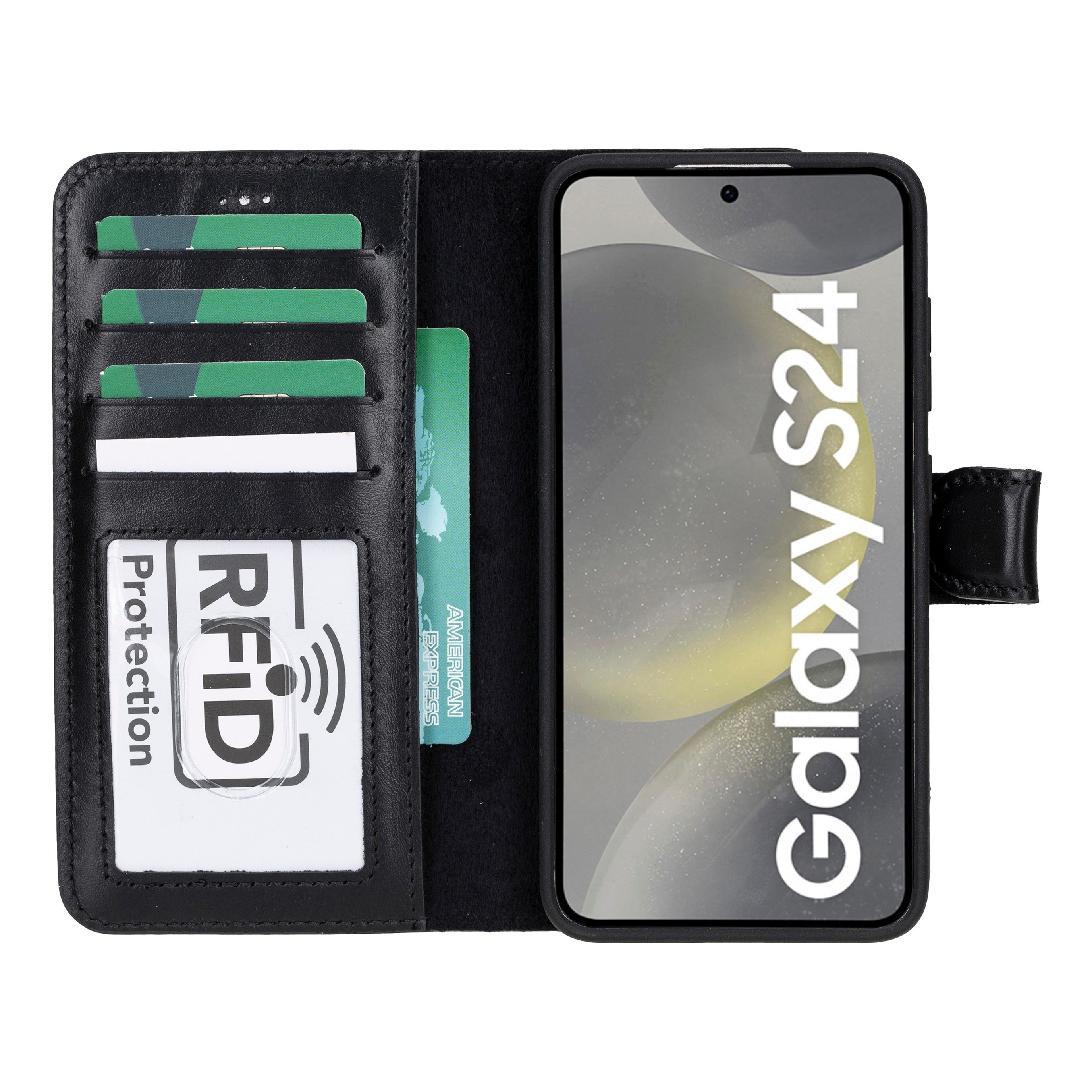 Samsung Galaxy S24 Plus uyumlu, Hakiki Deri, El Yapımı, Cüzdanlı Kılıf, Rustik Siyah