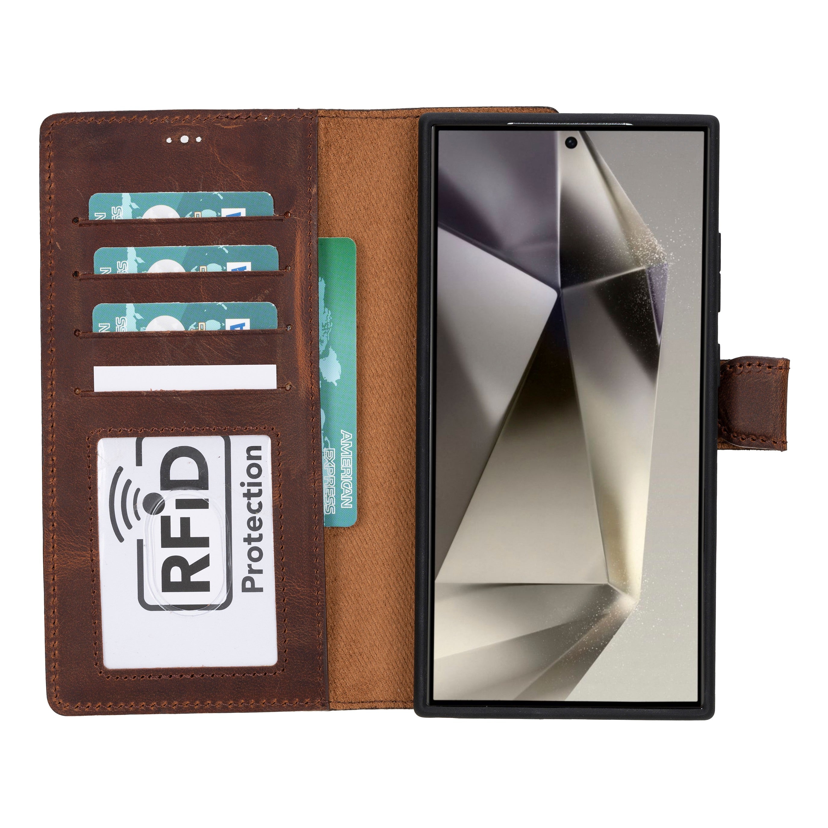 Samsung Galaxy S24 Ultra uyumlu, Hakiki Deri, El Yapımı, Cüzdanlı Kılıf, Antik Kahve