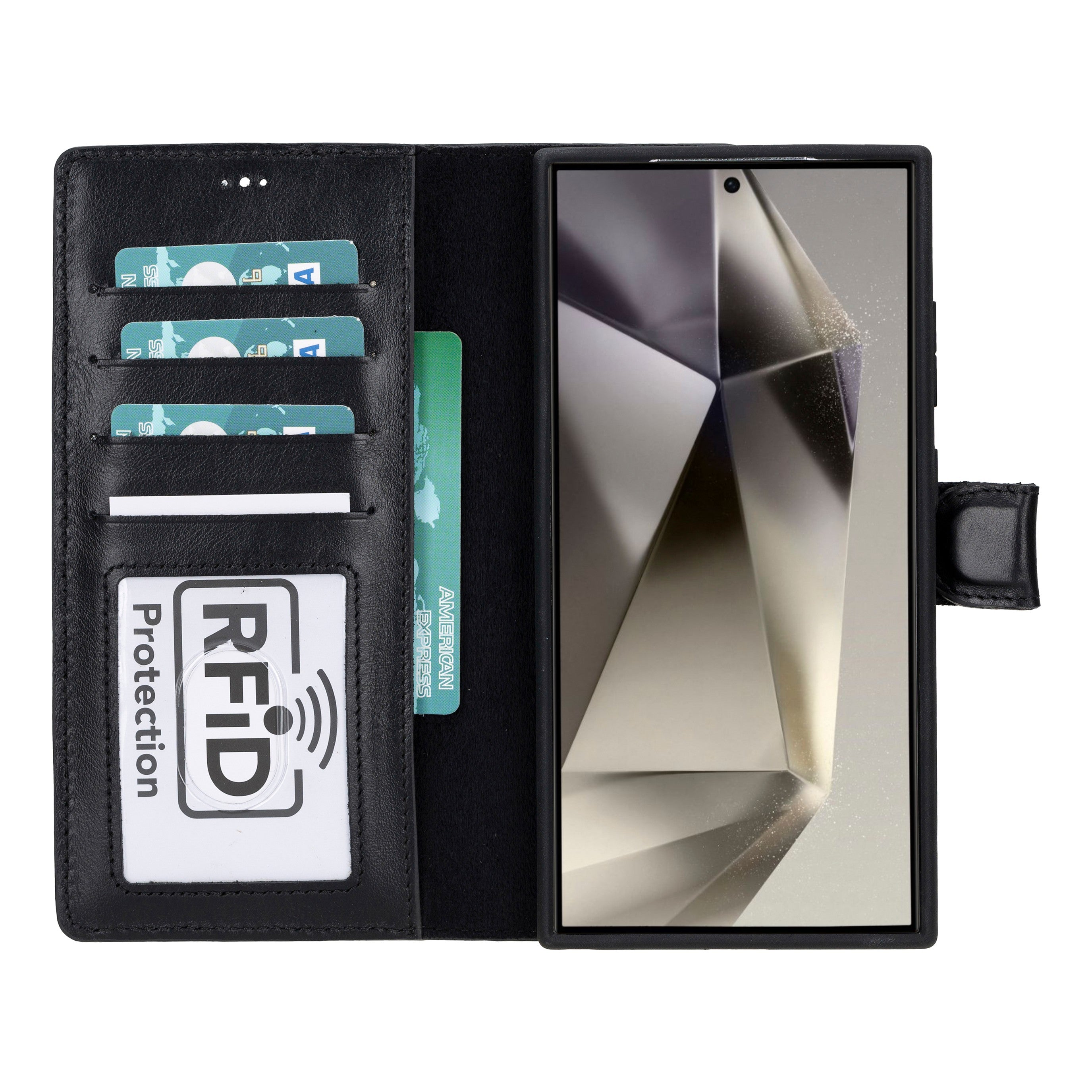 Samsung Galaxy S24 Ultra uyumlu, Hakiki Deri, El Yapımı, Cüzdanlı Kılıf, Rustik Siyah