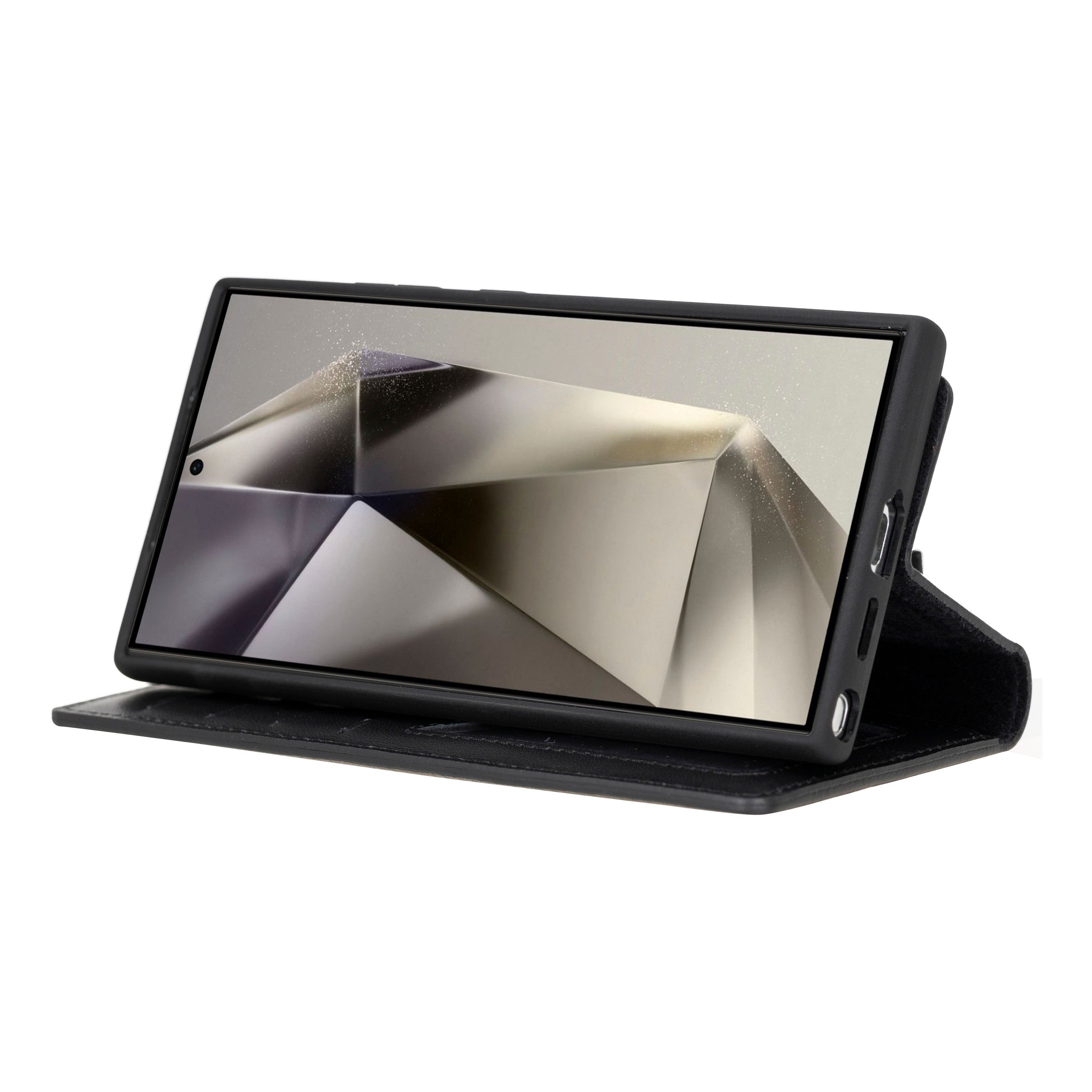 Samsung Galaxy S24 Ultra Uyumlu, Deri Cüzdanlı Kılıf, Parlak Siyah