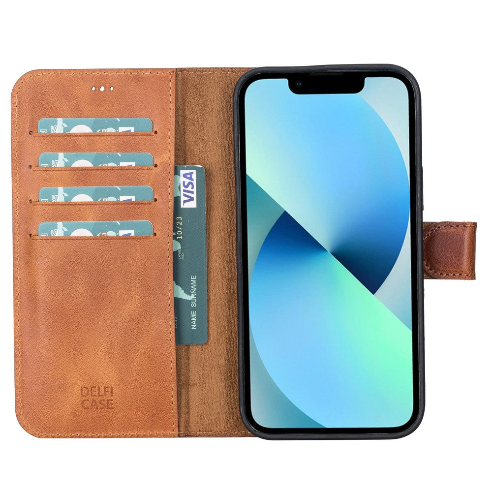 Apple iPhone 13 Pro Max uyumlu, Hakiki Deri, El Yapımı, Cüzdanlı Kılıf, Antik Taba