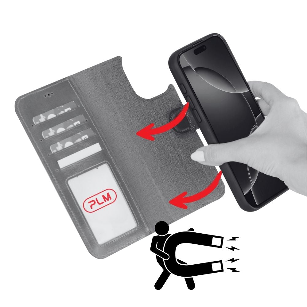 Apple iPhone 17 Pro Max için, Hakiki Deri, El Yapımı Cüzdanlı Kılıf, Magsafe ile uyumlu, İç Yüzeyi Kadife, Siyah