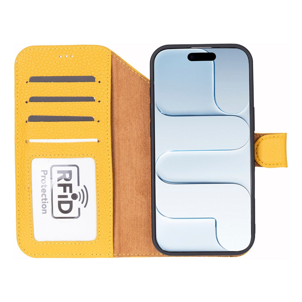 Apple iPhone 17 için, Hakiki Deri, El Yapımı Cüzdanlı Kılıf, Magsafe ile uyumlu, İç Yüzeyi Kadife, Limon Sarı