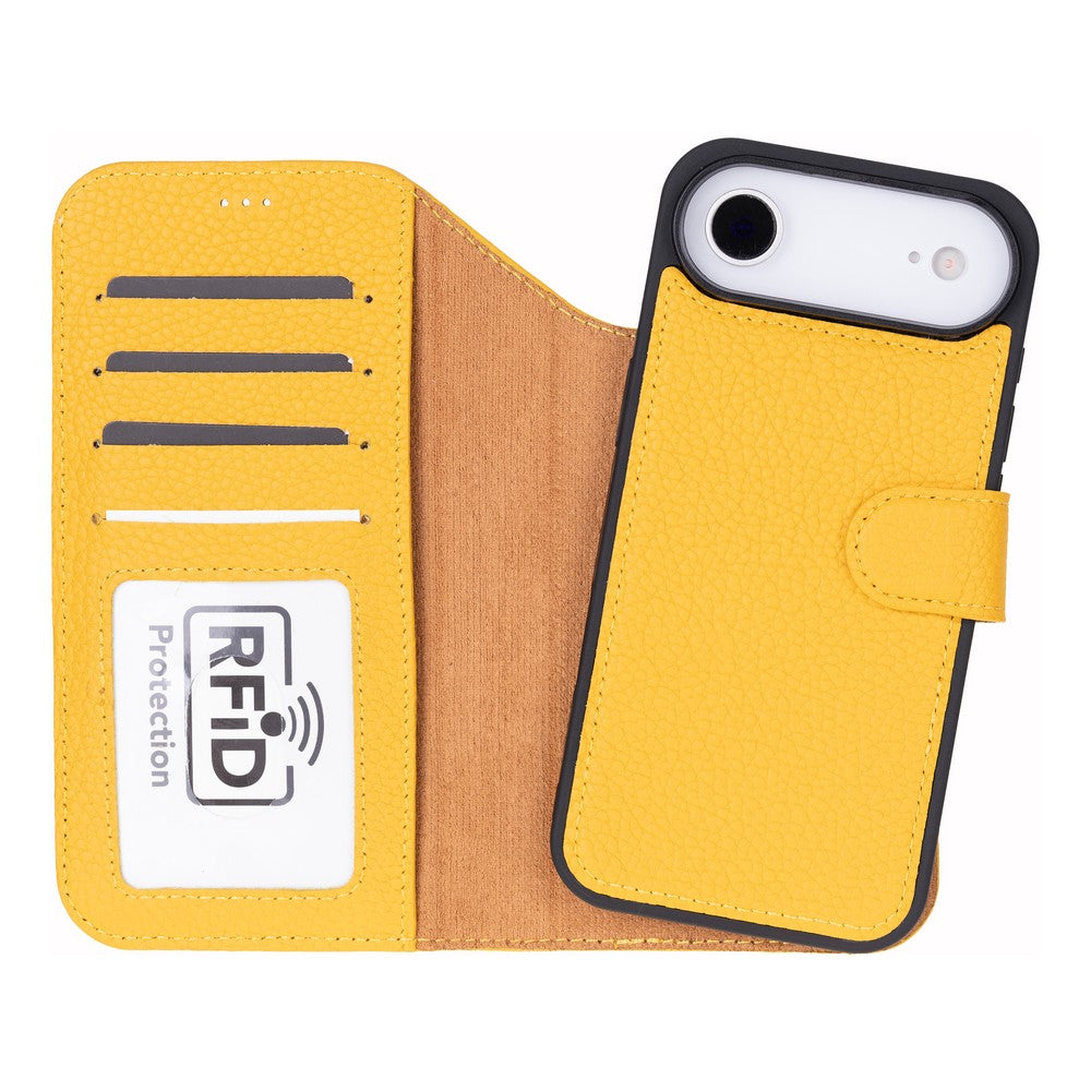 Apple iPhone 17 Air için, Hakiki Deri, El Yapımı Cüzdanlı Kılıf, Magsafe ile uyumlu, İç Yüzeyi Kadife, Limon Sarı