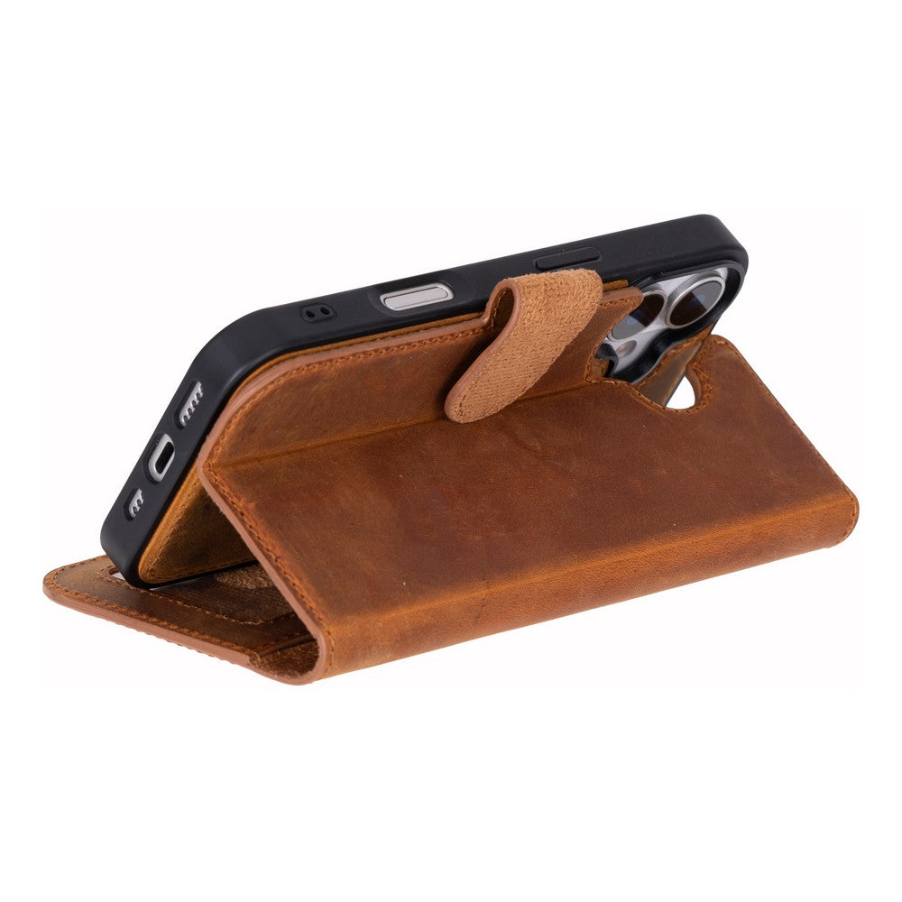 Apple iPhone 17 için, Hakiki Deri, El Yapımı Cüzdanlı Kılıf, Magsafe ile uyumlu, İç Yüzeyi Kadife, Karamel