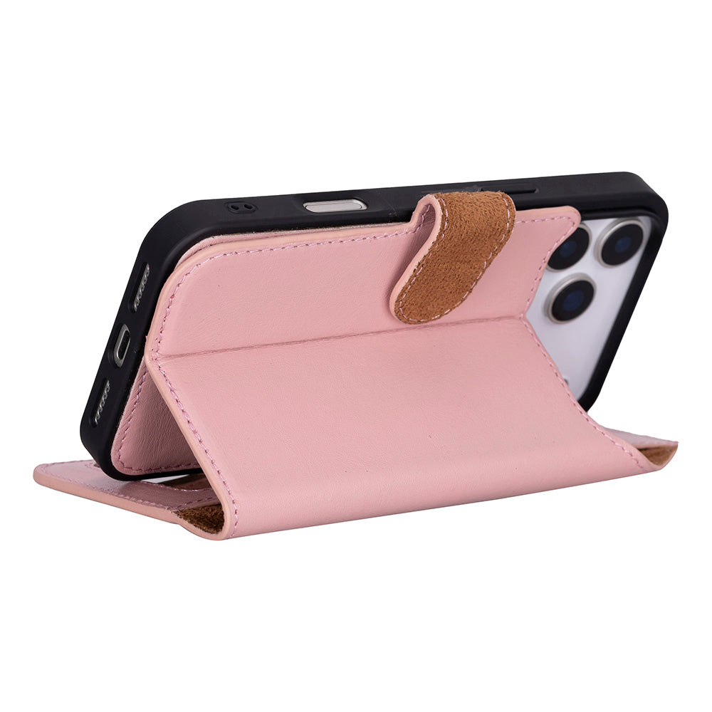 Apple iPhone 17 Pro Max için, Hakiki Deri, El Yapımı Cüzdanlı Kılıf, Magsafe ile uyumlu, İç Yüzeyi Kadife, Pembe