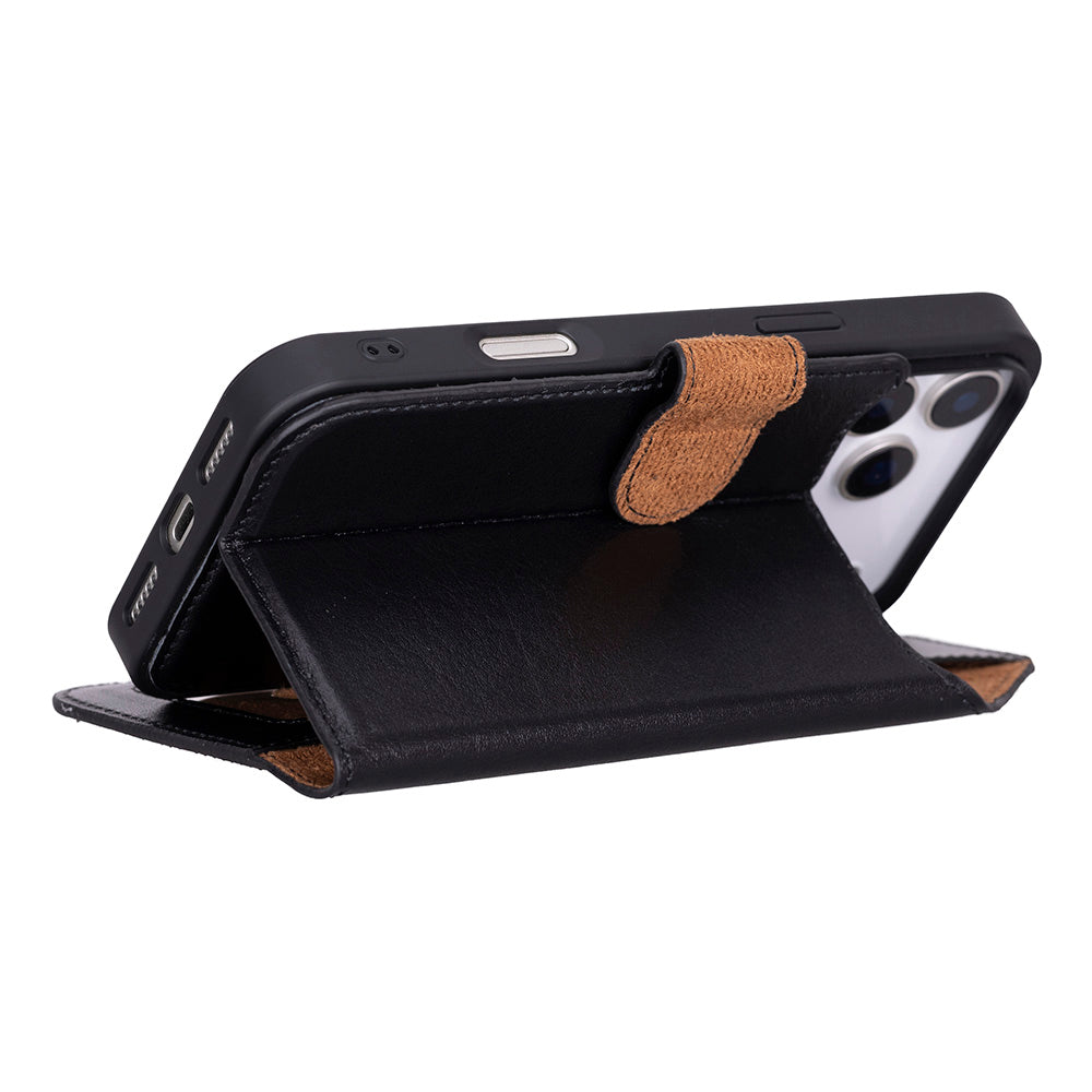 Apple iPhone 17 Pro Max için, Hakiki Deri, El Yapımı Cüzdanlı Kılıf, Magsafe ile uyumlu, İç Yüzeyi Kadife, Siyah