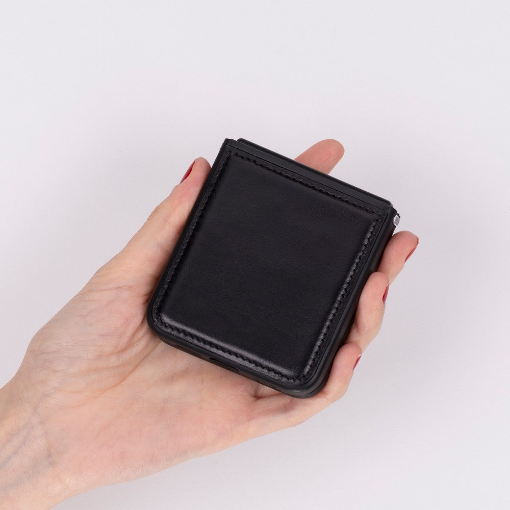 Samsung Galaxy Z Flip6 uyumlu, Hakiki Deri, El Yapımı, Arka Kapak, Rustik Siyah