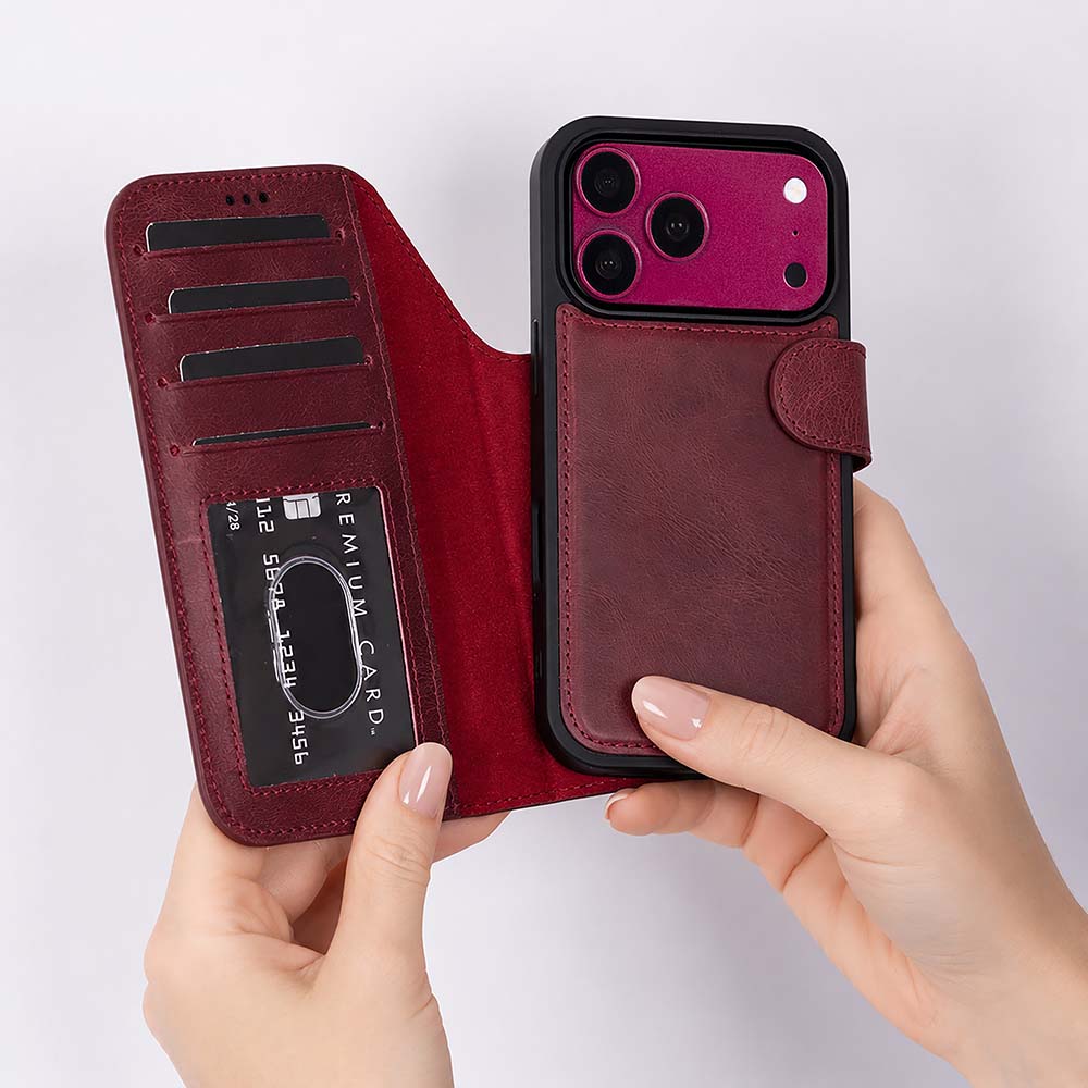 Apple iPhone 18 Pro Max Uyumlu Manyetik Hakiki Deri Cüzdan Kılıf ,Cüzdan Taşımaya Son, Kredi Kart Yuvalı, RFID Güvenlik