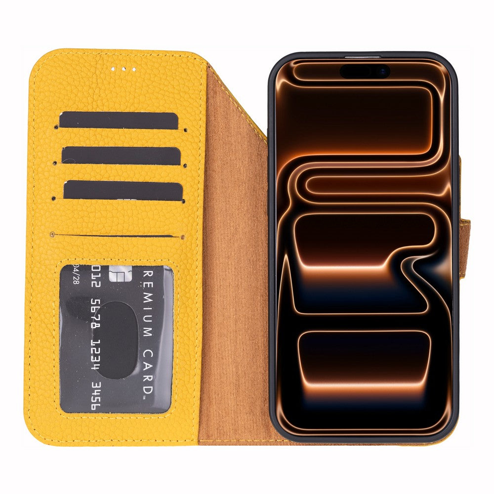 Apple iPhone 17 Pro için, Hakiki Deri, El Yapımı Cüzdanlı Kılıf, Magsafe ile uyumlu, İç Yüzeyi Kadife, Limon Sarı
