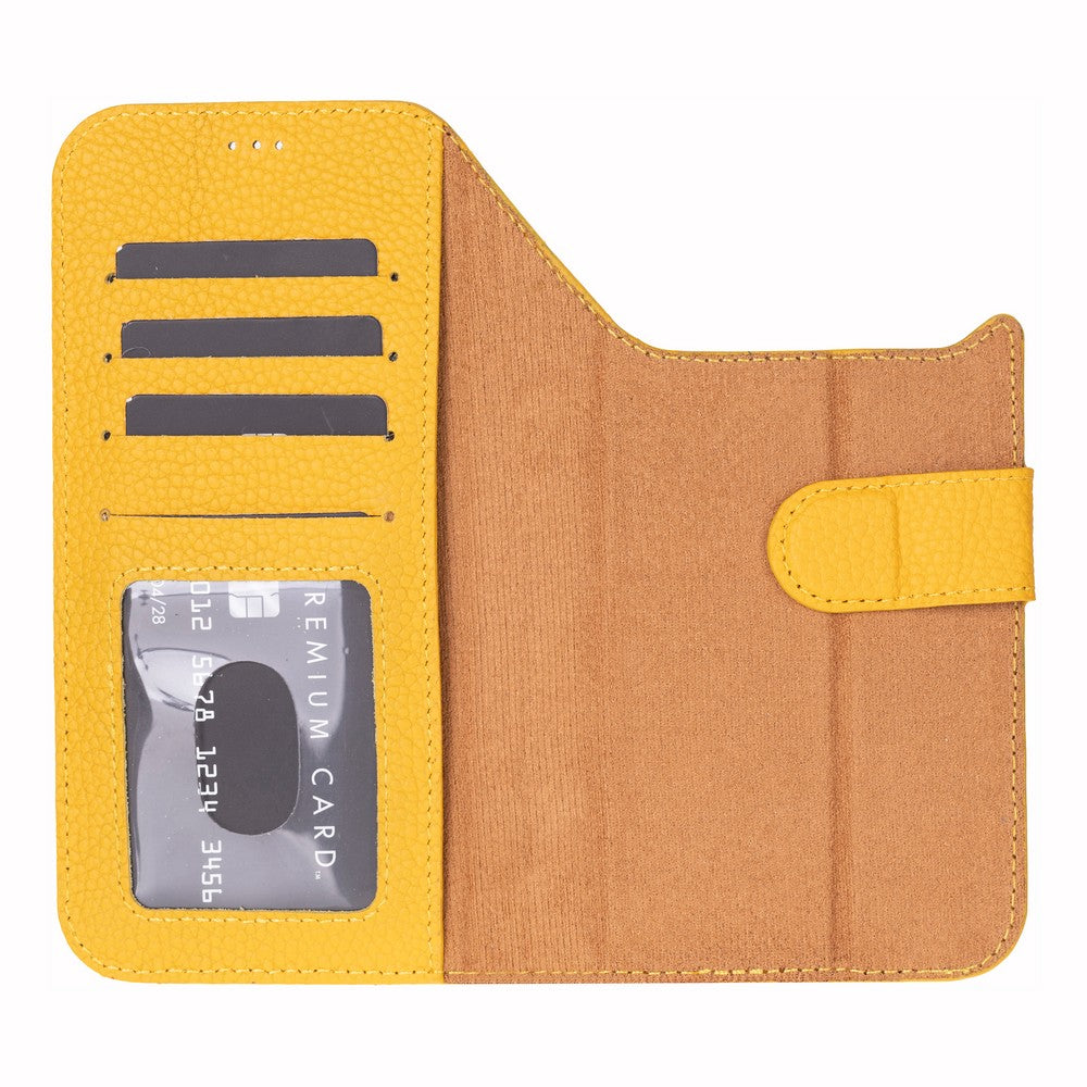 Apple iPhone 17 Pro için, Hakiki Deri, El Yapımı Cüzdanlı Kılıf, Magsafe ile uyumlu, İç Yüzeyi Kadife, Limon Sarı