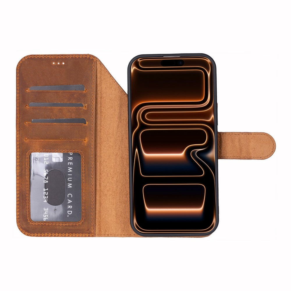 Apple iPhone 17 Pro Max için, Hakiki Deri, El Yapımı Cüzdanlı Kılıf, Magsafe ile uyumlu, İç Yüzeyi Kadife, Karamel