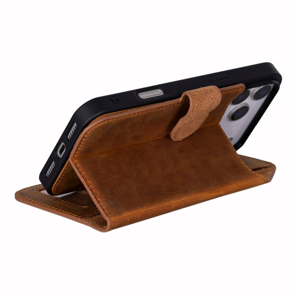 Apple iPhone 17 Pro için, Hakiki Deri, El Yapımı Cüzdanlı Kılıf, Magsafe ile uyumlu, İç Yüzeyi Kadife, Karamel