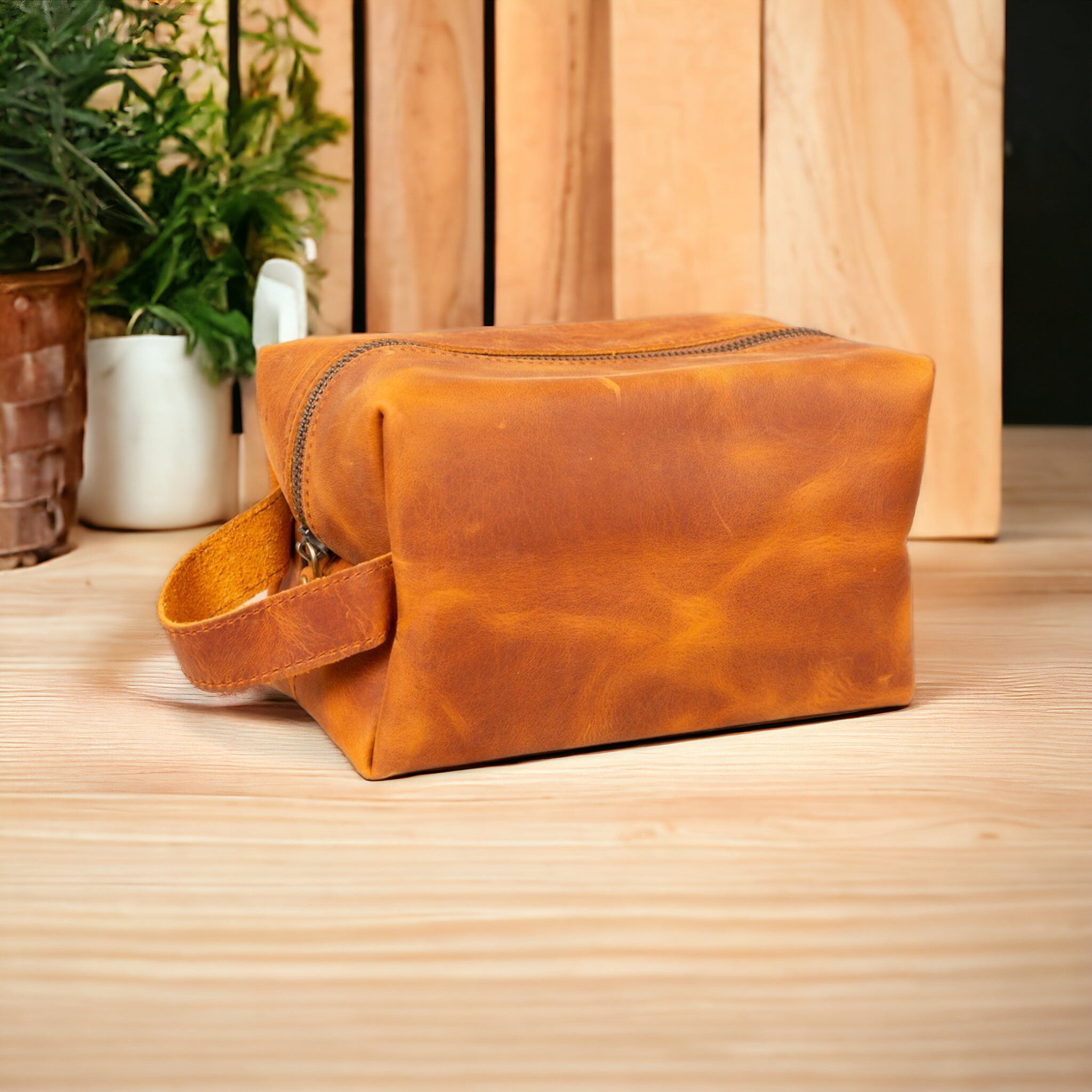 Eve Dopp Kit, Hakiki Deri, El Yapımı, Kişisel Bakım Çantası, XL Ölçü, Antik Karamel Renk