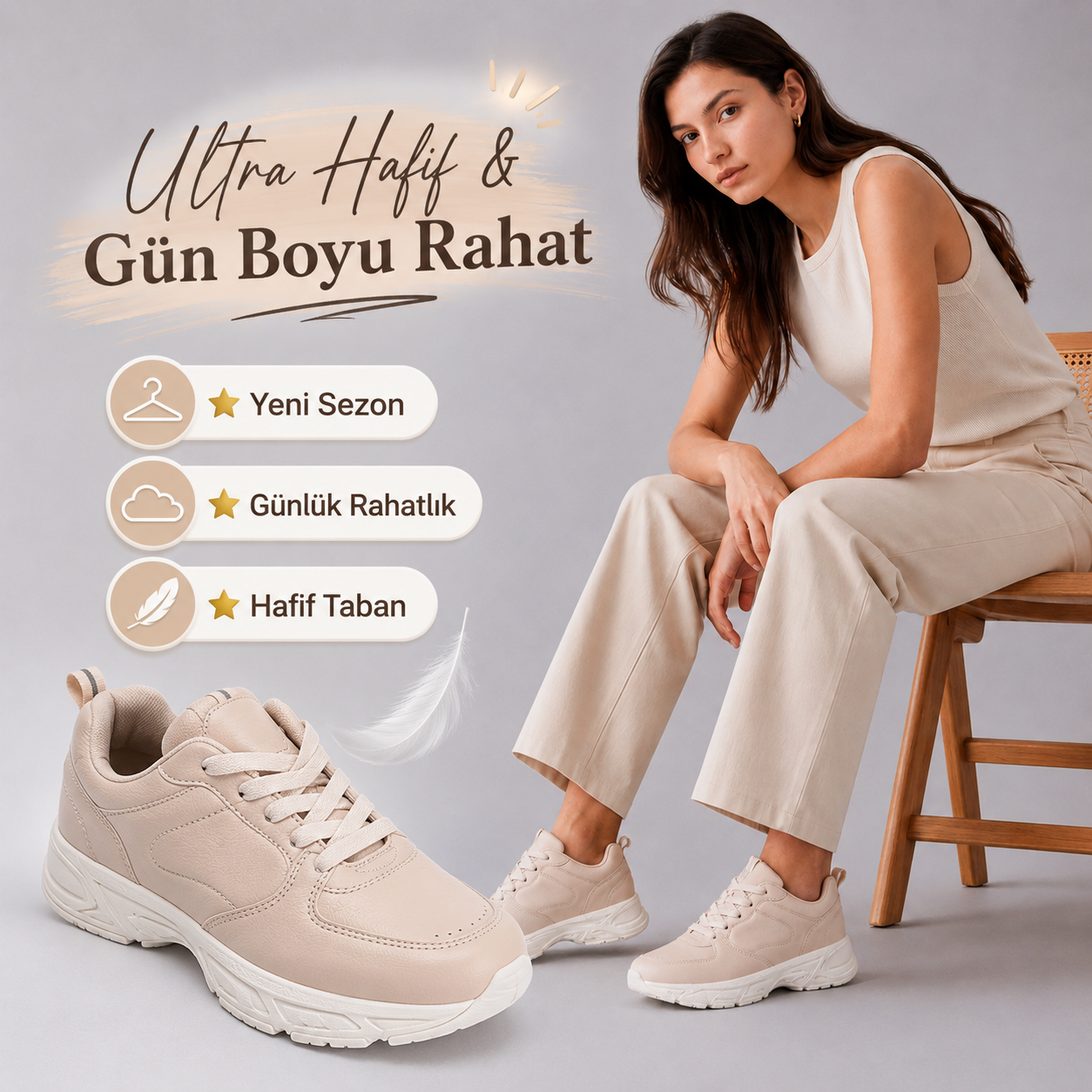 Kadın Sneaker Günlük Spor Ayakkabı – Ultra Hafif Rahat Tabanlı Casual Yürüyüş Ayakkabısı Bej