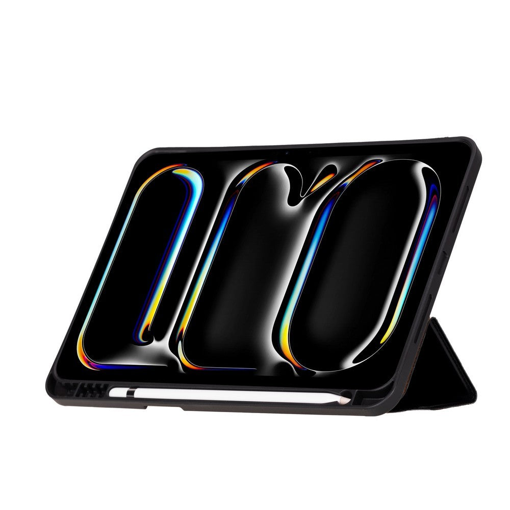 Apple 13 inç iPad Pro (M4) Uyumlu Hakiki Deri, El Yapımı Kılıf, Parlak Siyah