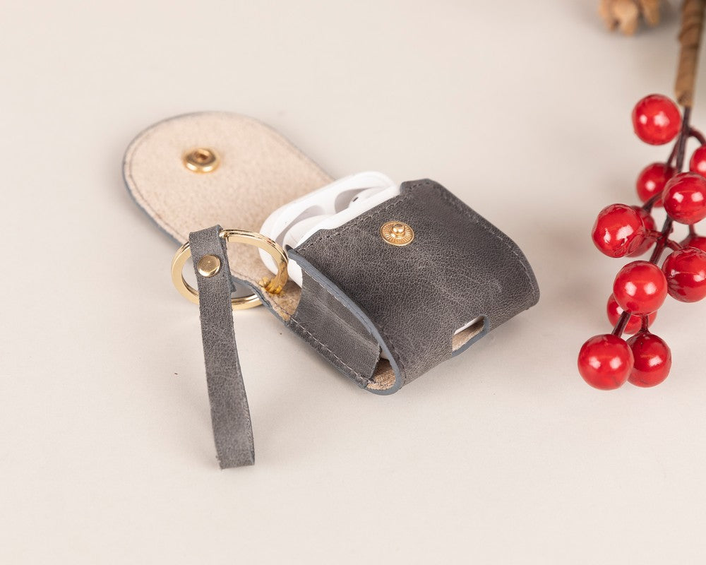 Apple AirPods 2.nesil uyumlu, Hakiki Deri, El Yapımı Kılıf, Mai Snap VS05 Gri