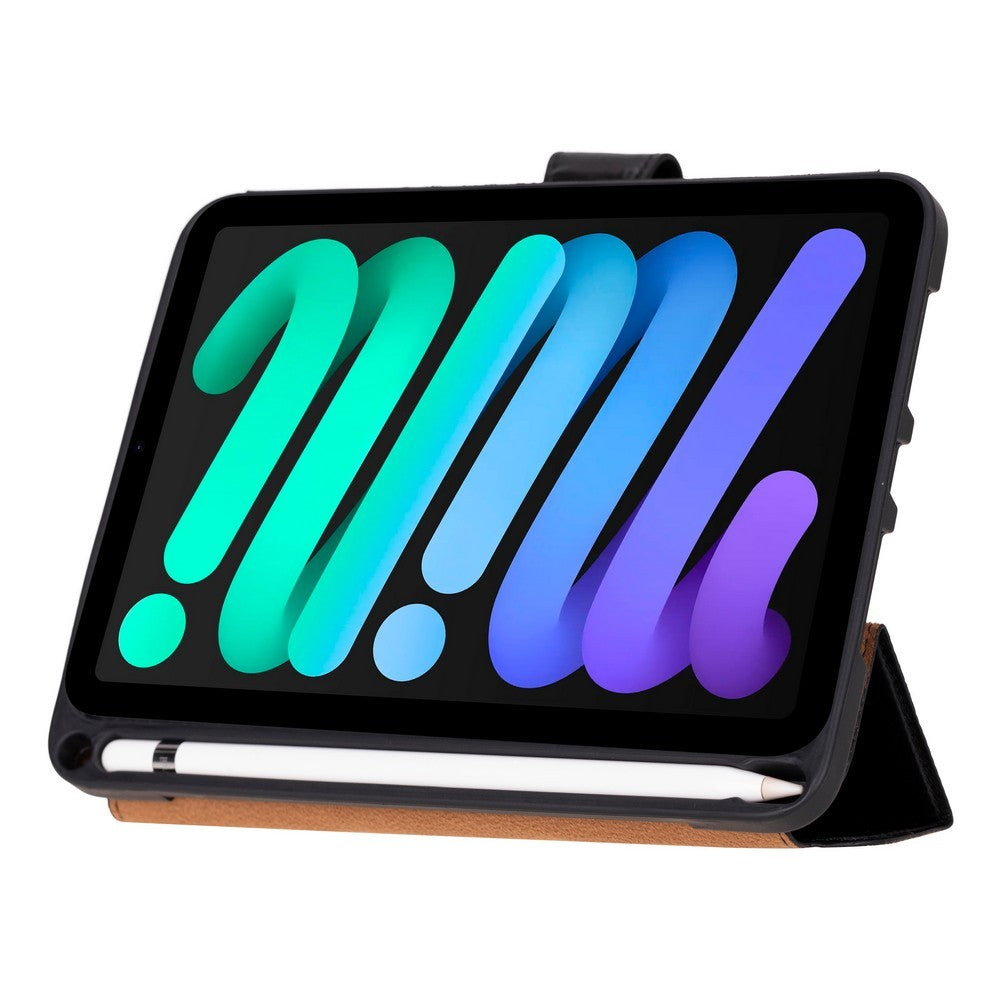 Apple iPad mini (A17 Pro) Uyumlu 8.3 inç Hakiki Deri, El Yapımı Kılıf, Parlak Siyah
