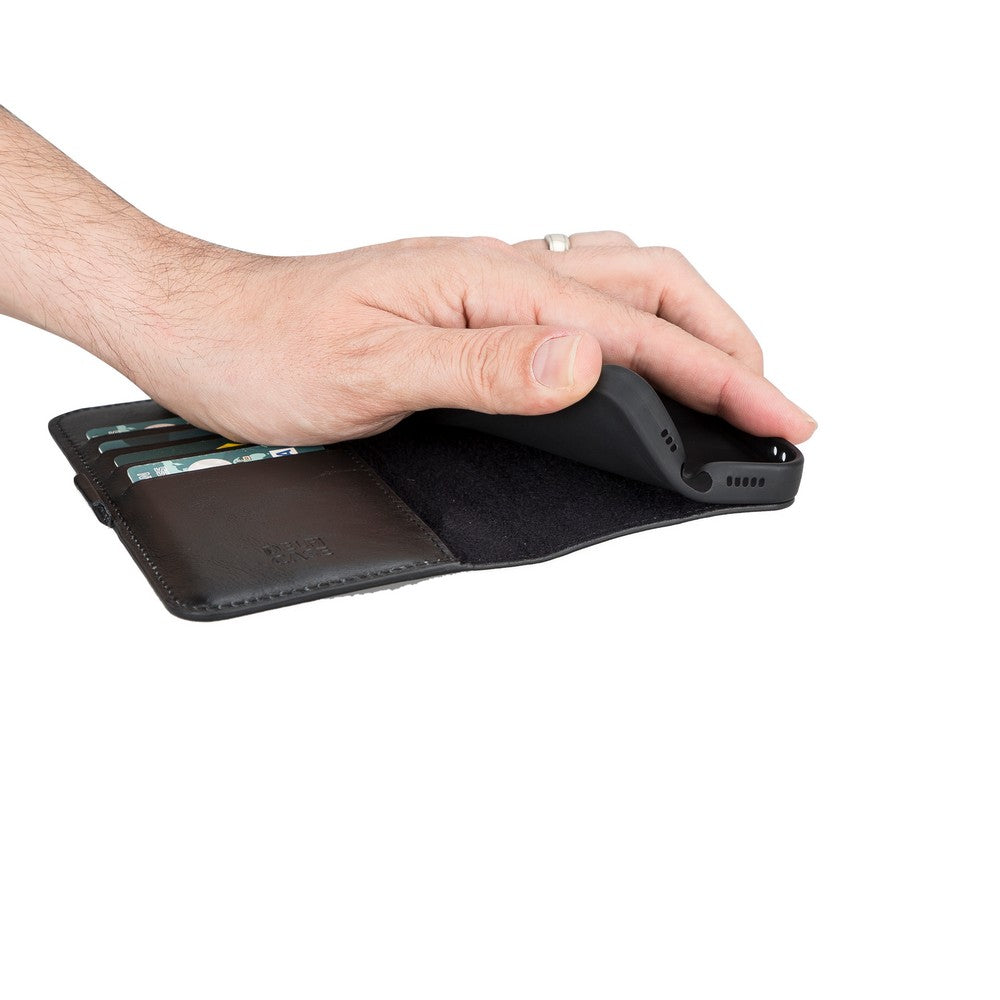 Apple iPhone 13 Pro Max uyumlu, Hakiki Deri, El Yapımı, Cüzdanlı Kılıf, Siyah